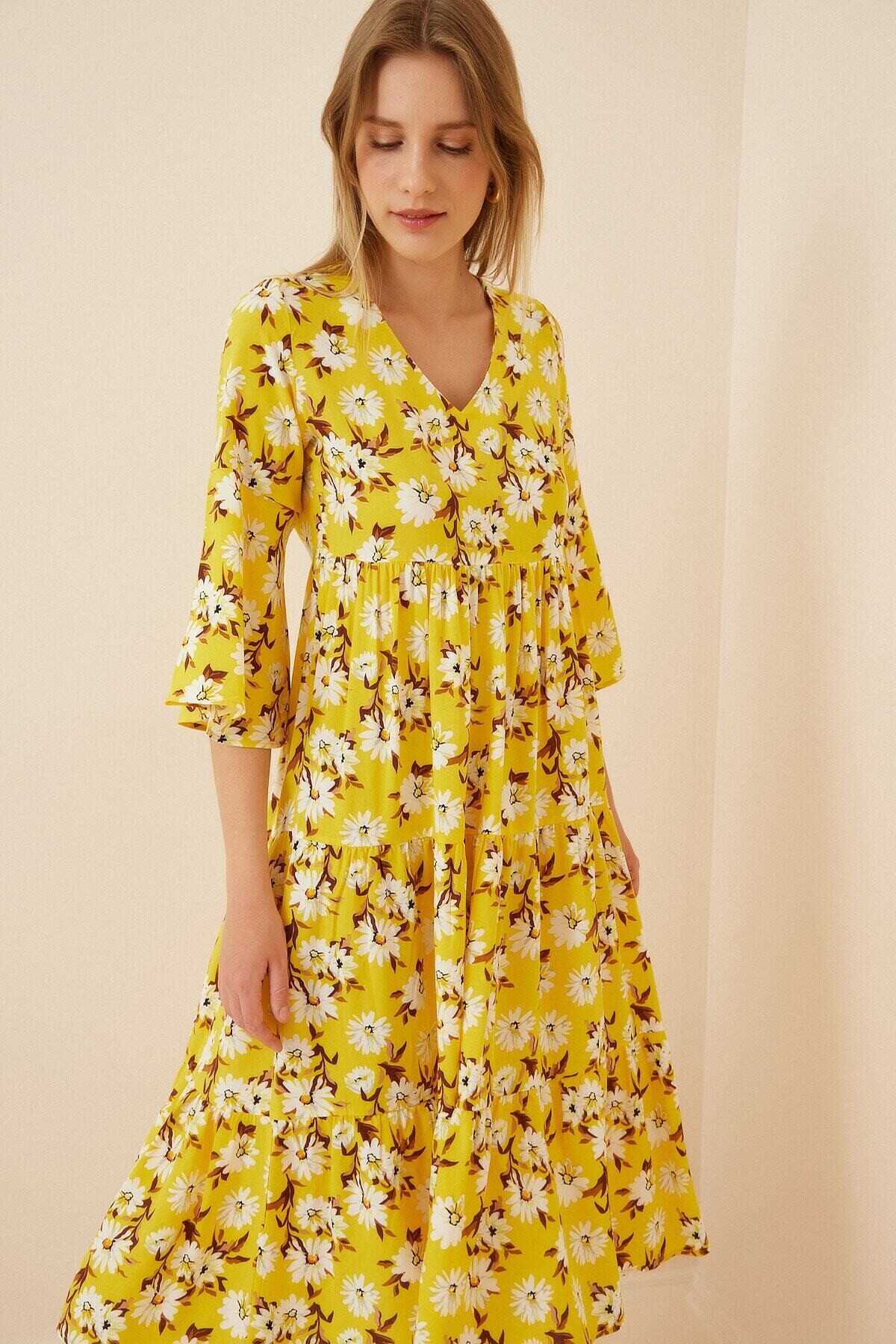 Kadın Sarı Beyaz Çiçekli İspanyol Kol Uzun Viskon Elbise HZL22S-BD119591