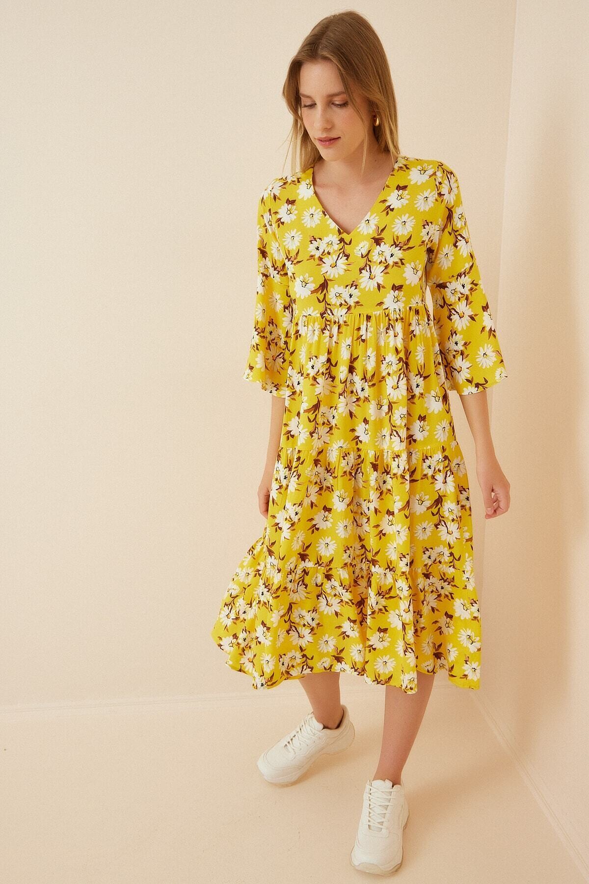 Kadın Sarı Beyaz Çiçekli İspanyol Kol Uzun Viskon Elbise HZL22S-BD119591