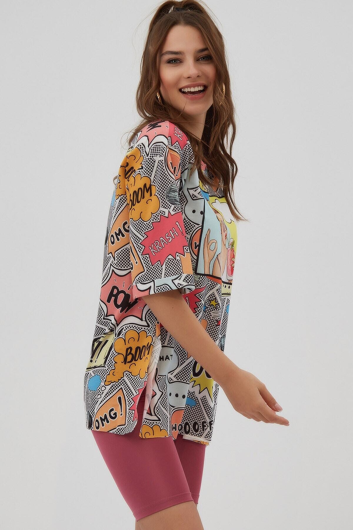 Kadın Sarı Bisiklet Yaka Yandan Yırtmaçlı Kolu Katlı Oversize Örme T-Shirt HZL22S-BD142831