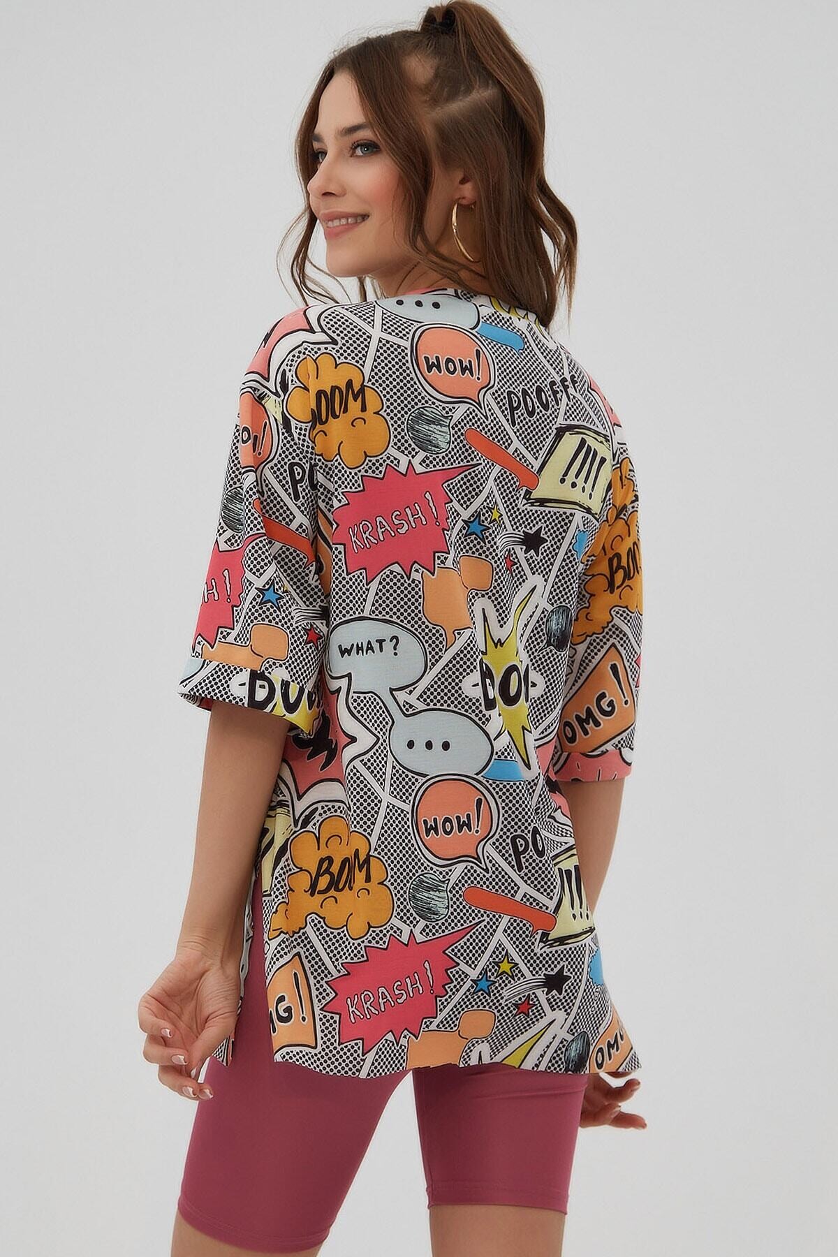 Kadın Sarı Bisiklet Yaka Yandan Yırtmaçlı Kolu Katlı Oversize Örme T-Shirt HZL22S-BD142831