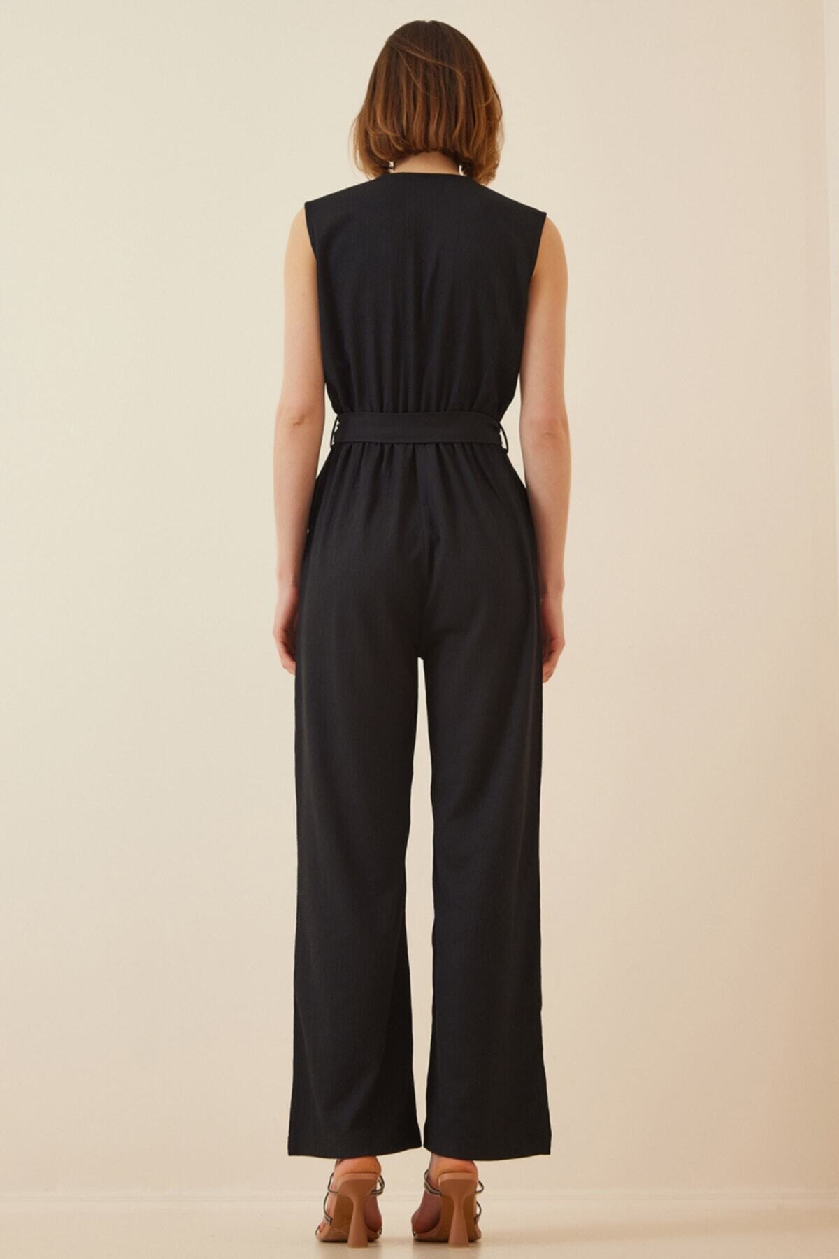 Kadın Siyah Beli Lastikli Derin Kruvaze V Yaka Kemerli Örme Tulum HZL22S-BD170211