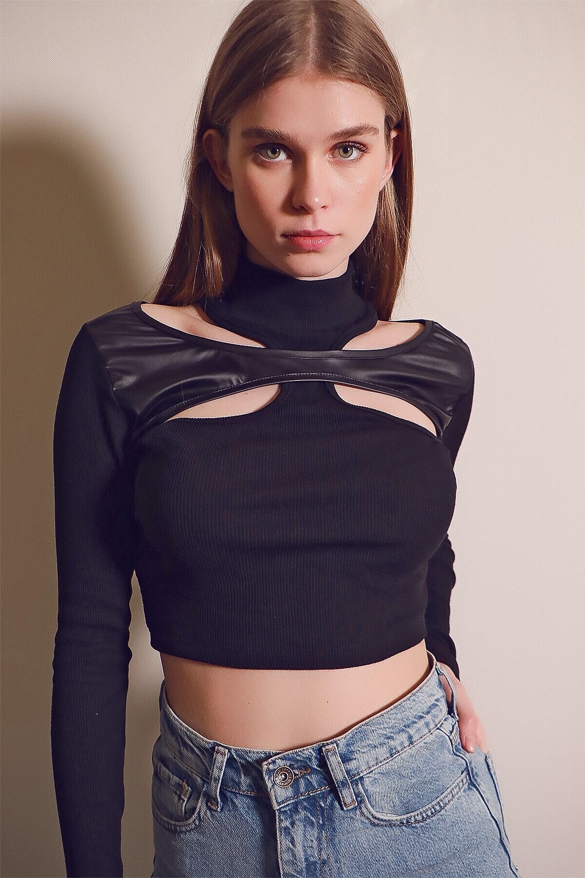 Kadın Siyah Deri Bloklu Balıkçı Yaka Kaşkorse Crop Bluz HZL22S-H100021