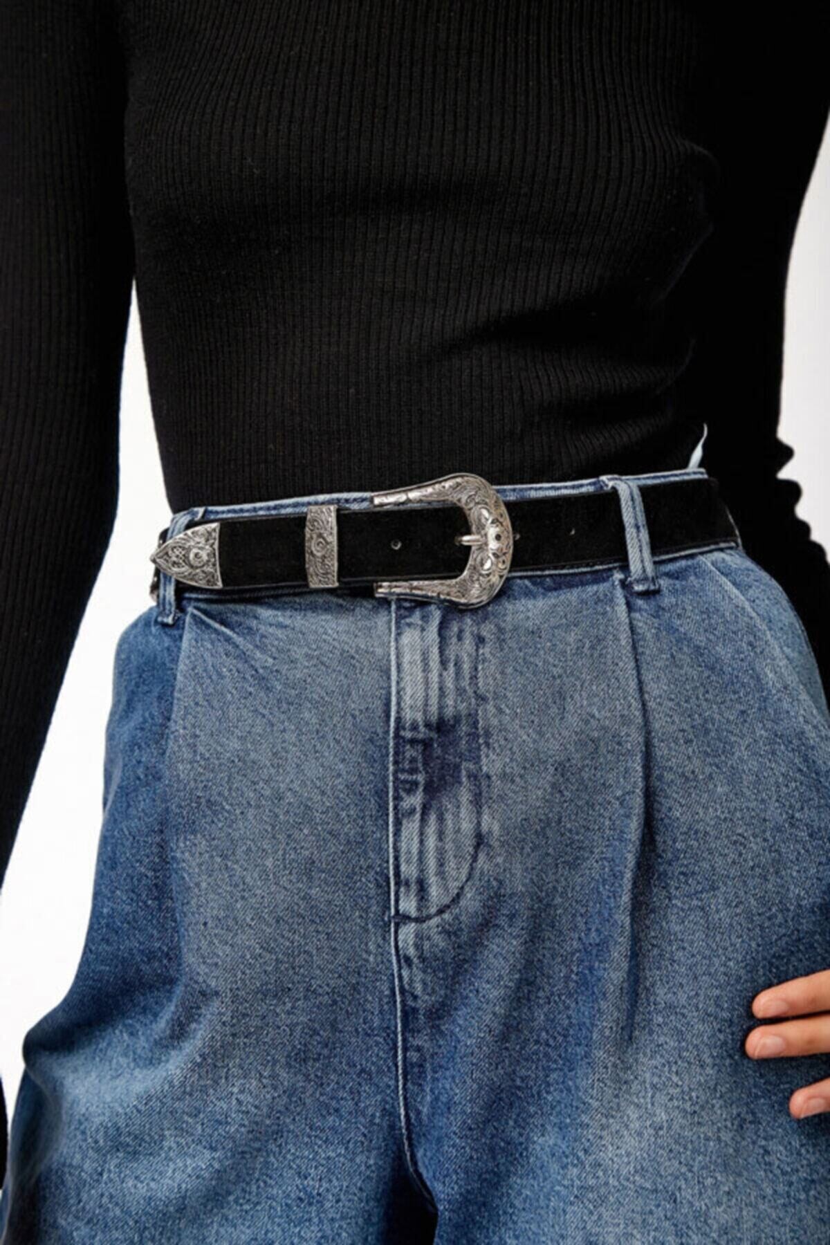 Kadın Siyah Desenli Yuvarlak Toka Suni Deri Kemer HZL22S-BD1101121