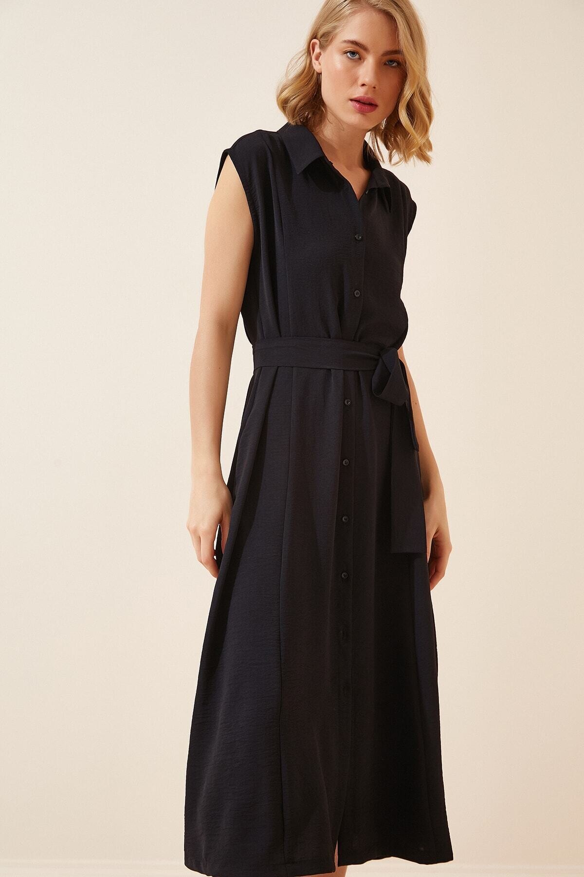 Kadın Siyah Gömlek Yaka Düğmeli  Kuşaklı Gizli Cepli Kolsuz Ayrobin Gömlek Elbise HZL22S-BD122261