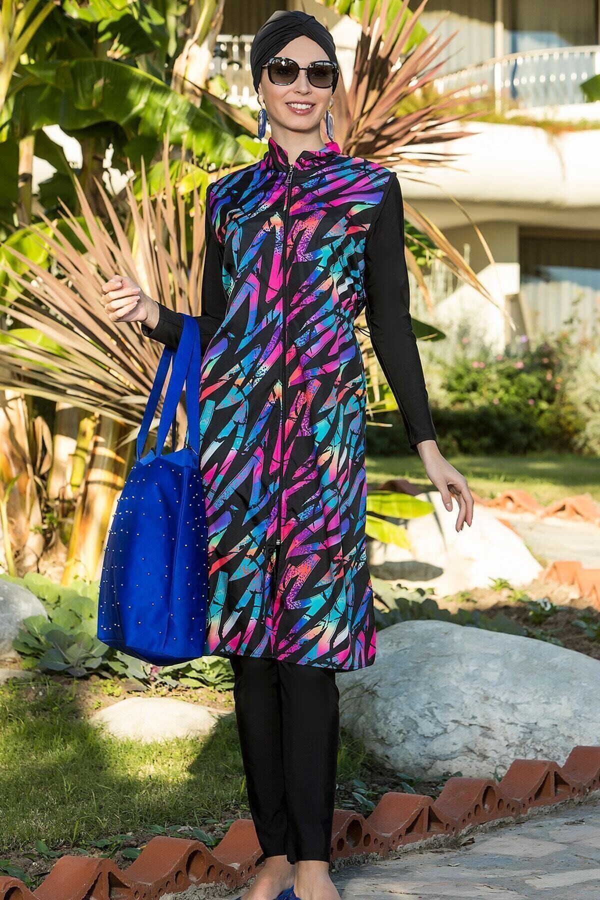 Kadın Siyah Mavi Fuşya Tasarım Dokuma Uzun Kollu Büstiyerli  Tam Tesettür Mayo HZL22S-AR15301