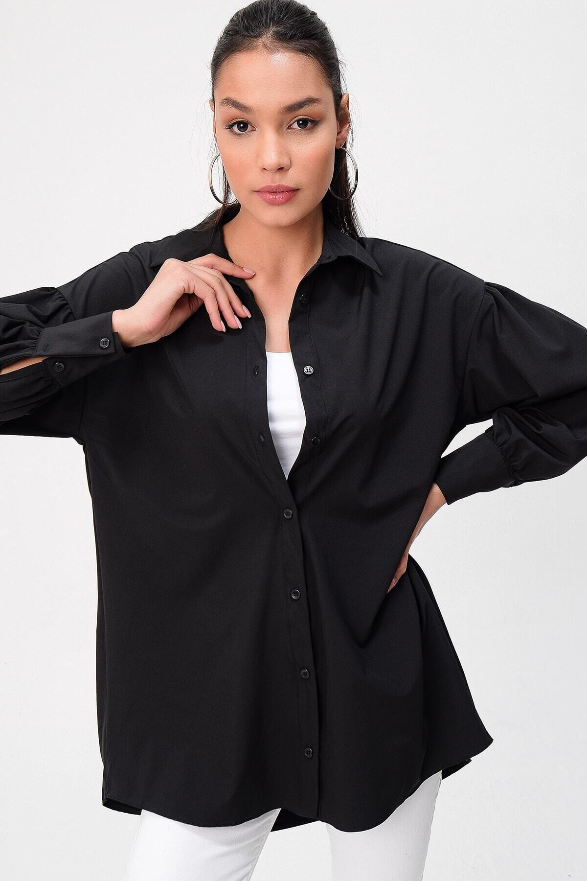 Kadın Siyah Uzun Balon Kol  Boyfriend  Salaş Gömlek HZL22S-DSB100011