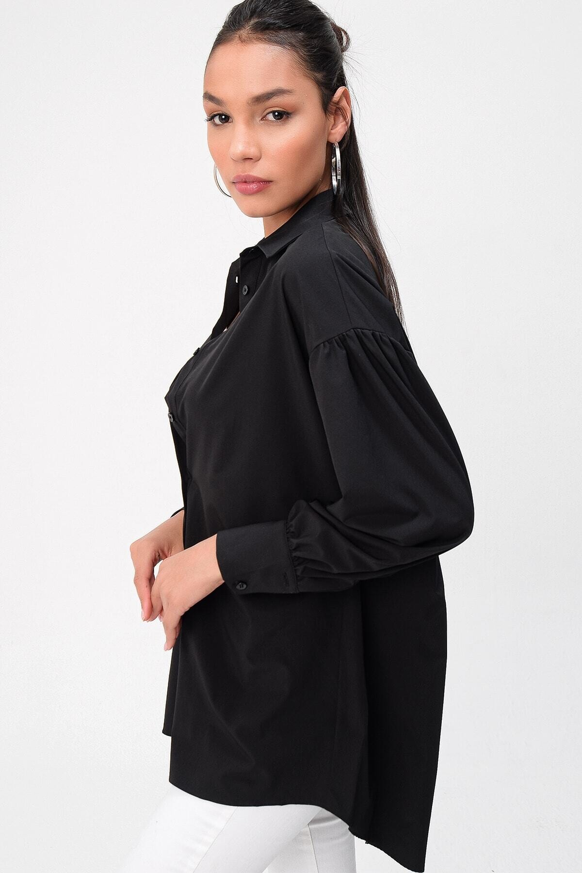Kadın Siyah Uzun Balon Kol  Boyfriend  Salaş Gömlek HZL22S-DSB100011