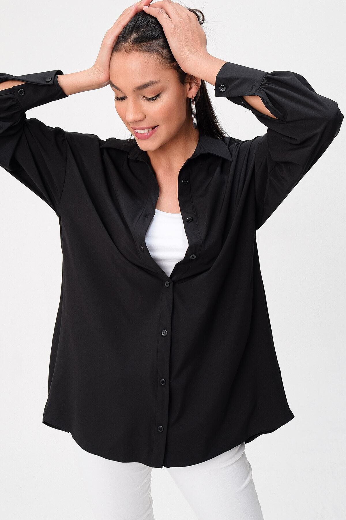 Kadın Siyah Uzun Balon Kol  Boyfriend  Salaş Gömlek HZL22S-DSB100011