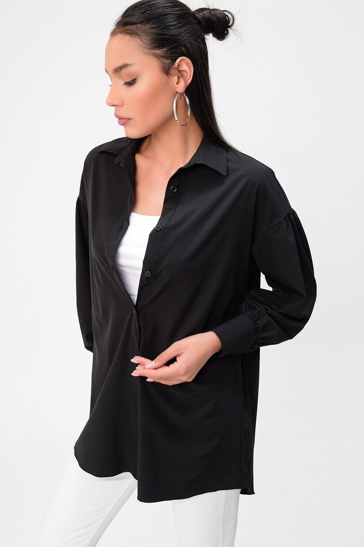 Kadın Siyah Uzun Balon Kol  Boyfriend  Salaş Gömlek HZL22S-DSB100011