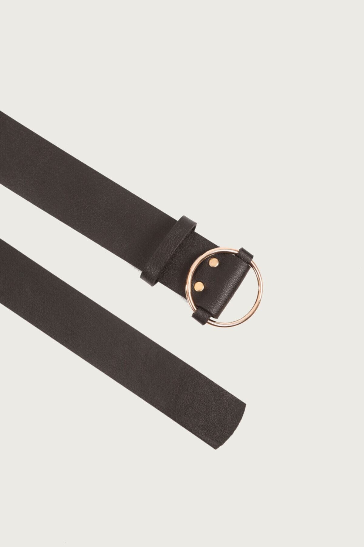 Kadın Siyah Yuvarlak Toka Suni Deri Kemer HZL22S-BD1101241