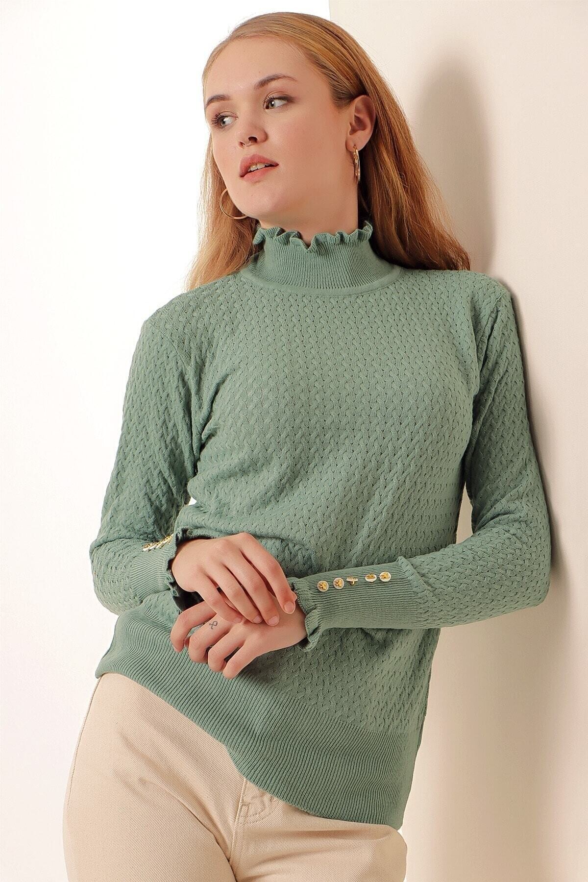 Kadın Su Yeşili Balıkçı Yaka Boğaz Ve Bilekten Fırfırlı Triko Boğazlı Kazak Hzl23w-bd1100621