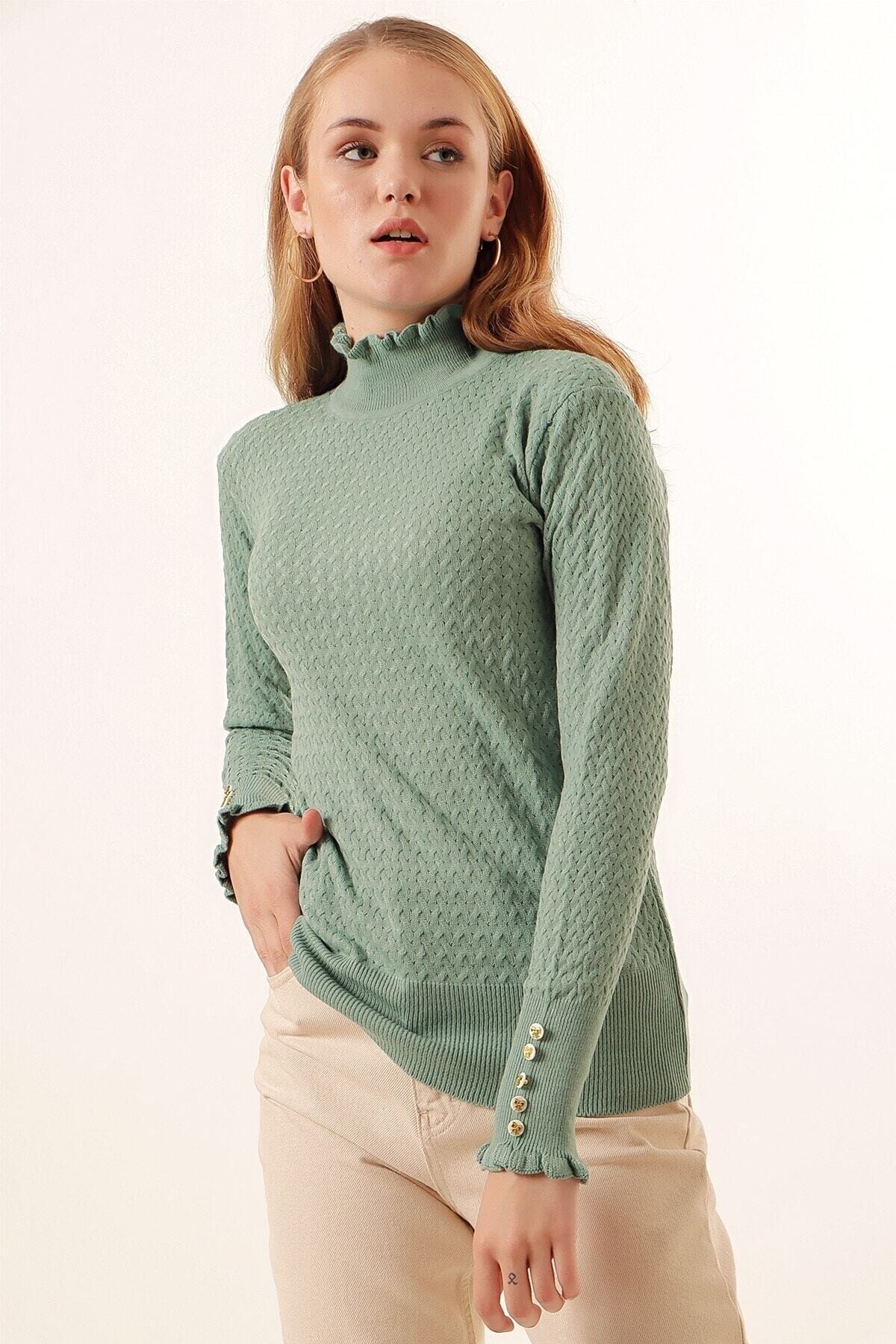 Kadın Su Yeşili Balıkçı Yaka Boğaz Ve Bilekten Fırfırlı Triko Boğazlı Kazak Hzl23w-bd1100621