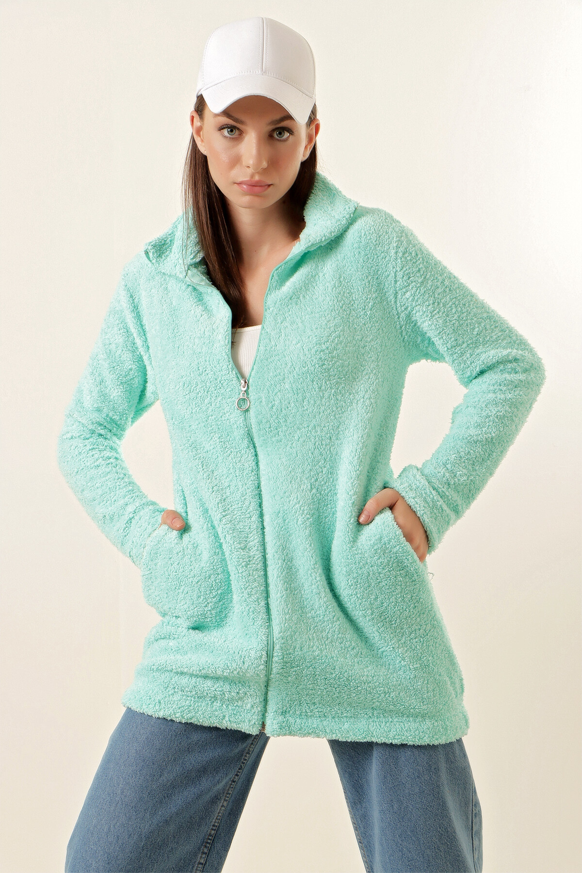 Kadın Su Yeşili Fermuarlı Uzun Rahat Peluş Sweatshirt HZL23W-BD1553871