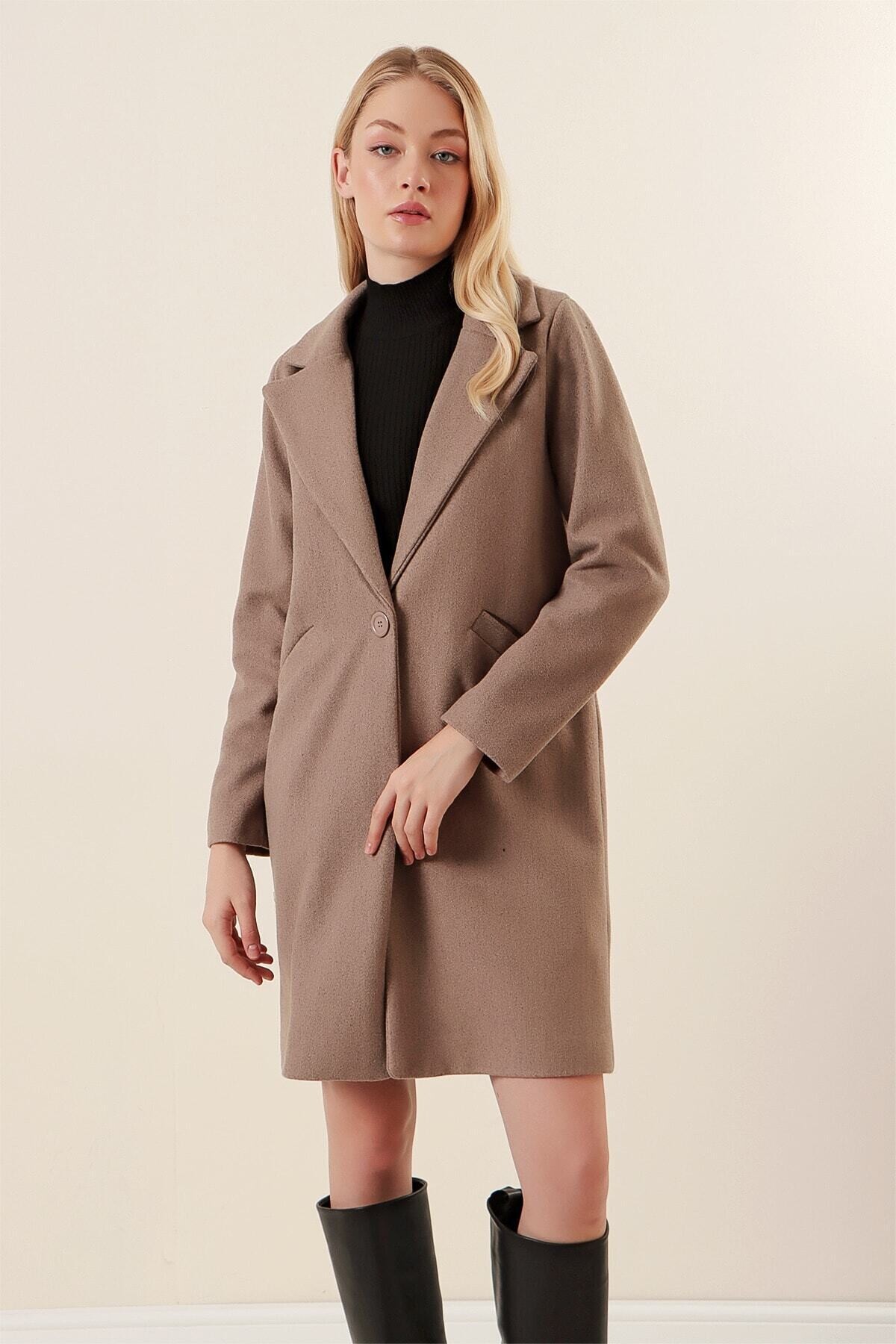 Kadın Vizon Tek Düğmeli Çift Cepli Astarlı Şık Kaşe Kaban HZL23W-BD190851