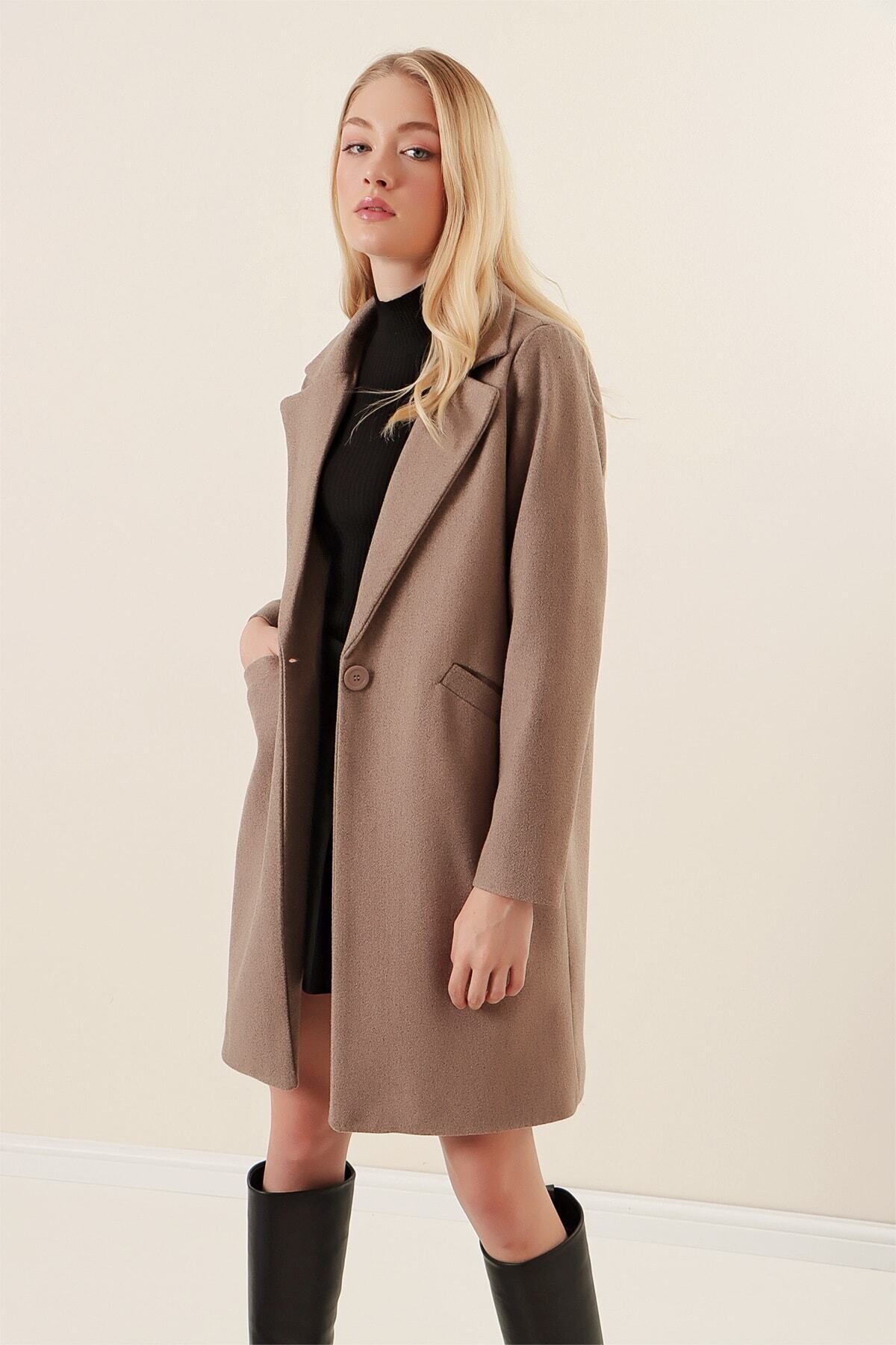 Kadın Vizon Tek Düğmeli Çift Cepli Astarlı Şık Kaşe Kaban HZL23W-BD190851