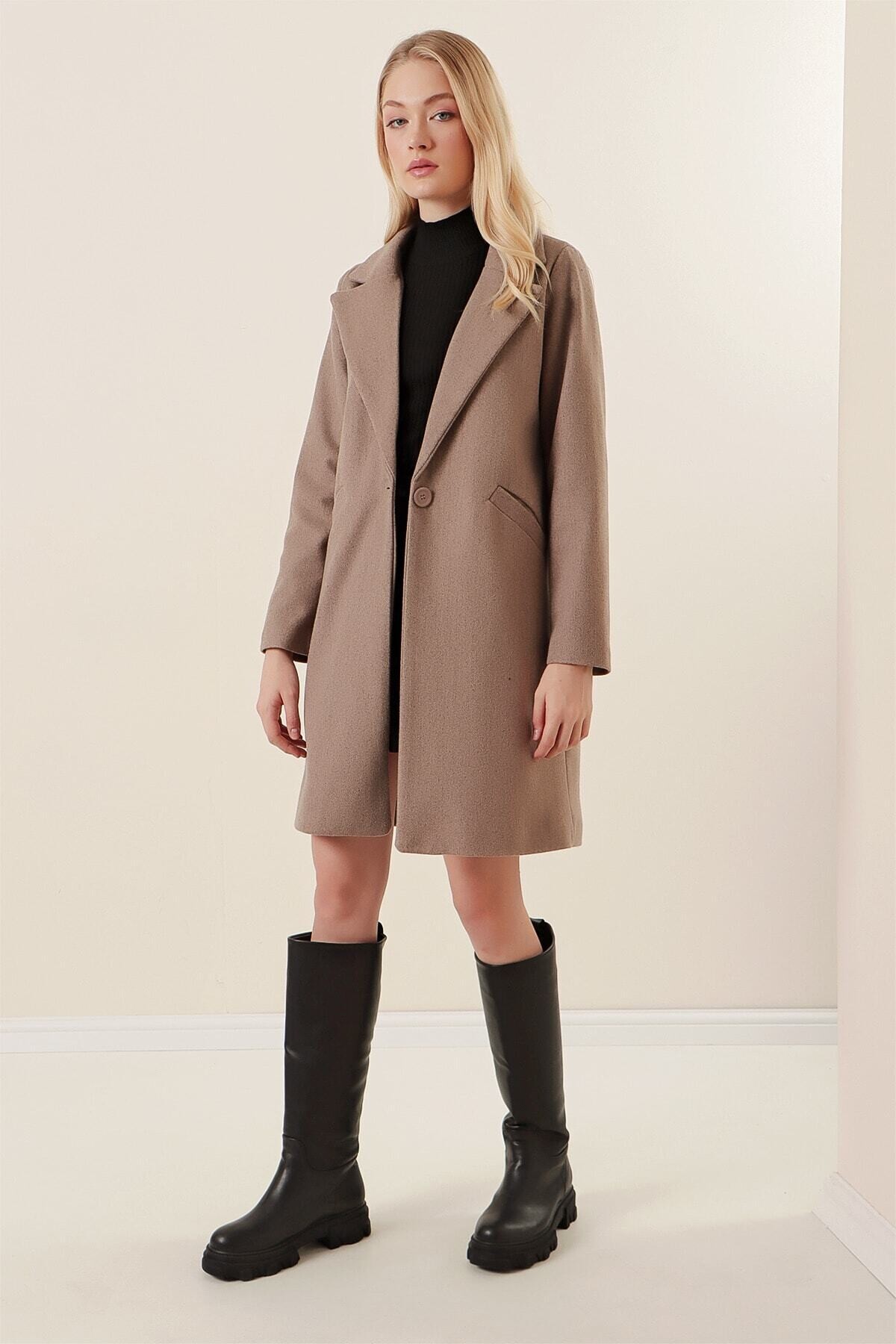 Kadın Vizon Tek Düğmeli Çift Cepli Astarlı Şık Kaşe Kaban HZL23W-BD190851