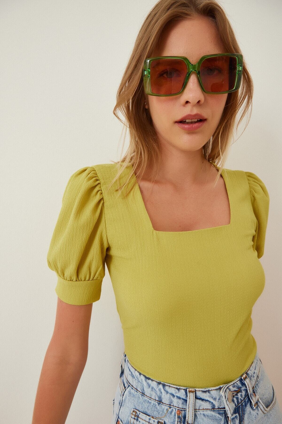 Kadın Yağ Yeşili Kare Yaka Örme Bluz HZL22W-BD104091