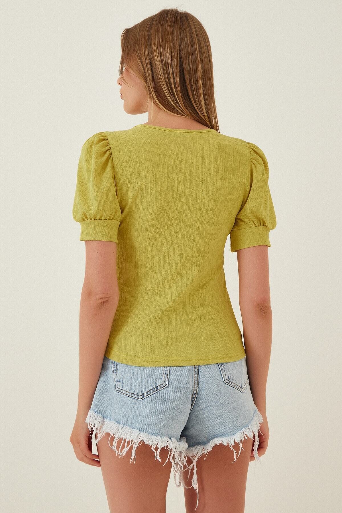 Kadın Yağ Yeşili Kare Yaka Örme Bluz HZL22W-BD104091