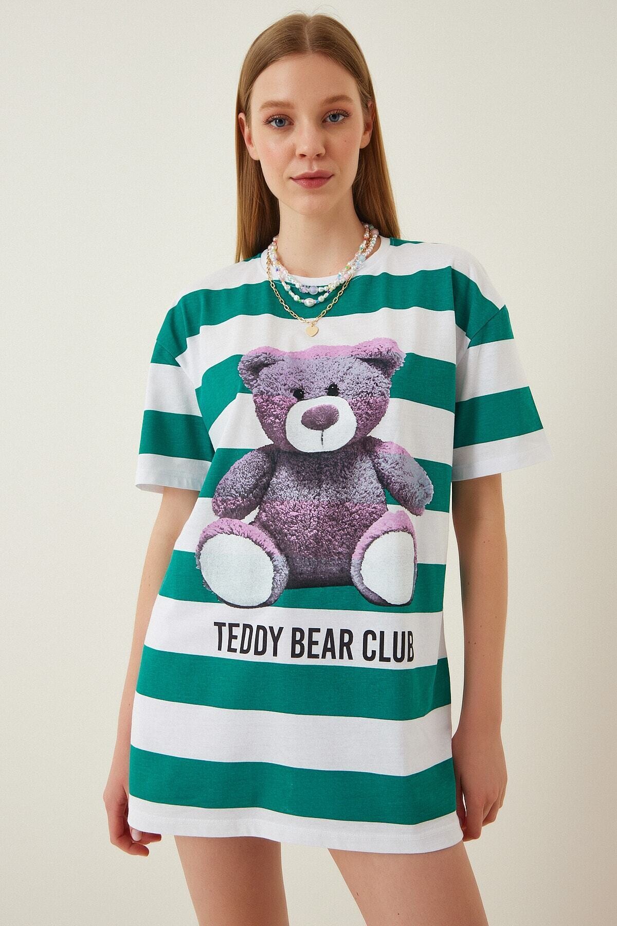 Kadın Yeşil Ayıcık Baskılı Bisiklet Yaka Boyfriend Oversize T-Shirt HZL22S-BD1015161