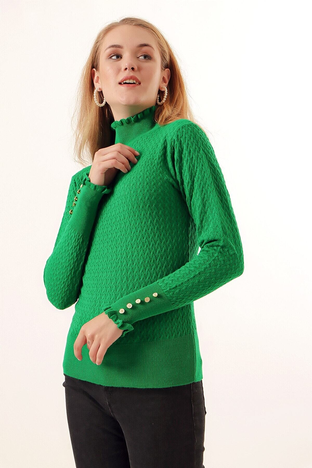 Kadın Yeşil Balıkçı Yaka Boğaz ve Bilekten Fırfırlı Triko Boğazlı Kazak HZL23W-BD1100621