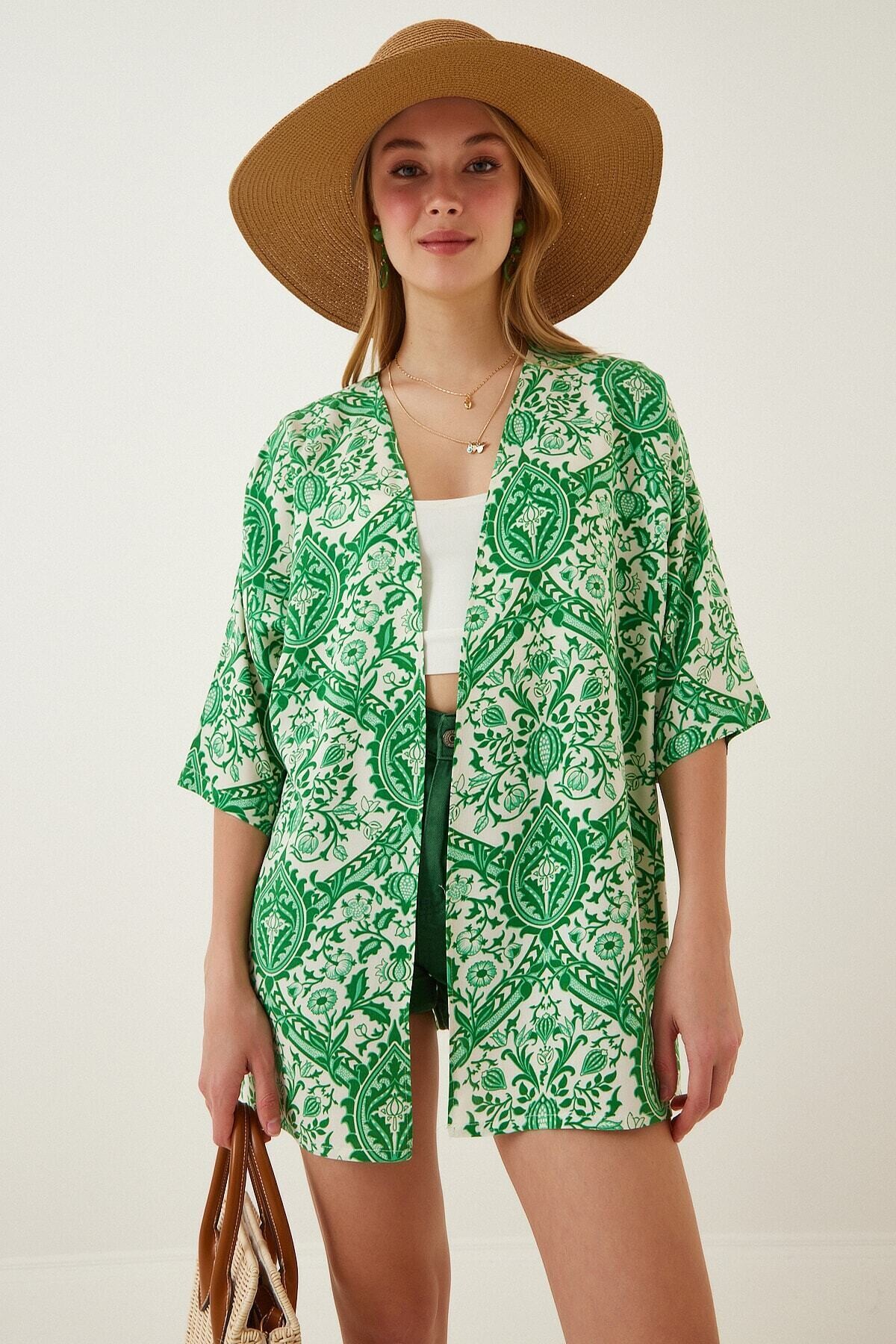 Kadın Yeşil  Baskılı Düşük Kol Viskon Kimono HZL22S-BD158631