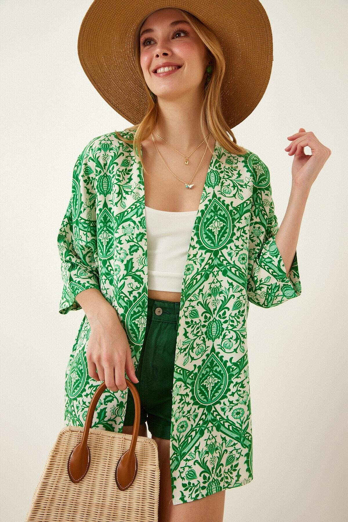 Kadın Yeşil  Baskılı Düşük Kol Viskon Kimono HZL22S-BD158631