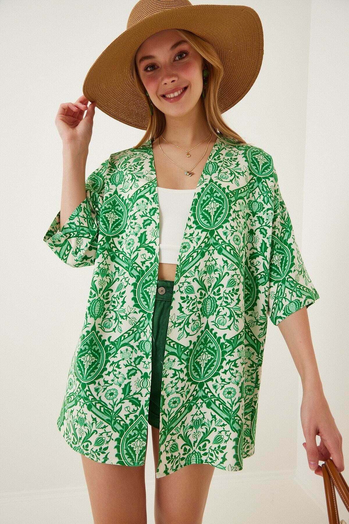 Kadın Yeşil  Baskılı Düşük Kol Viskon Kimono HZL22S-BD158631