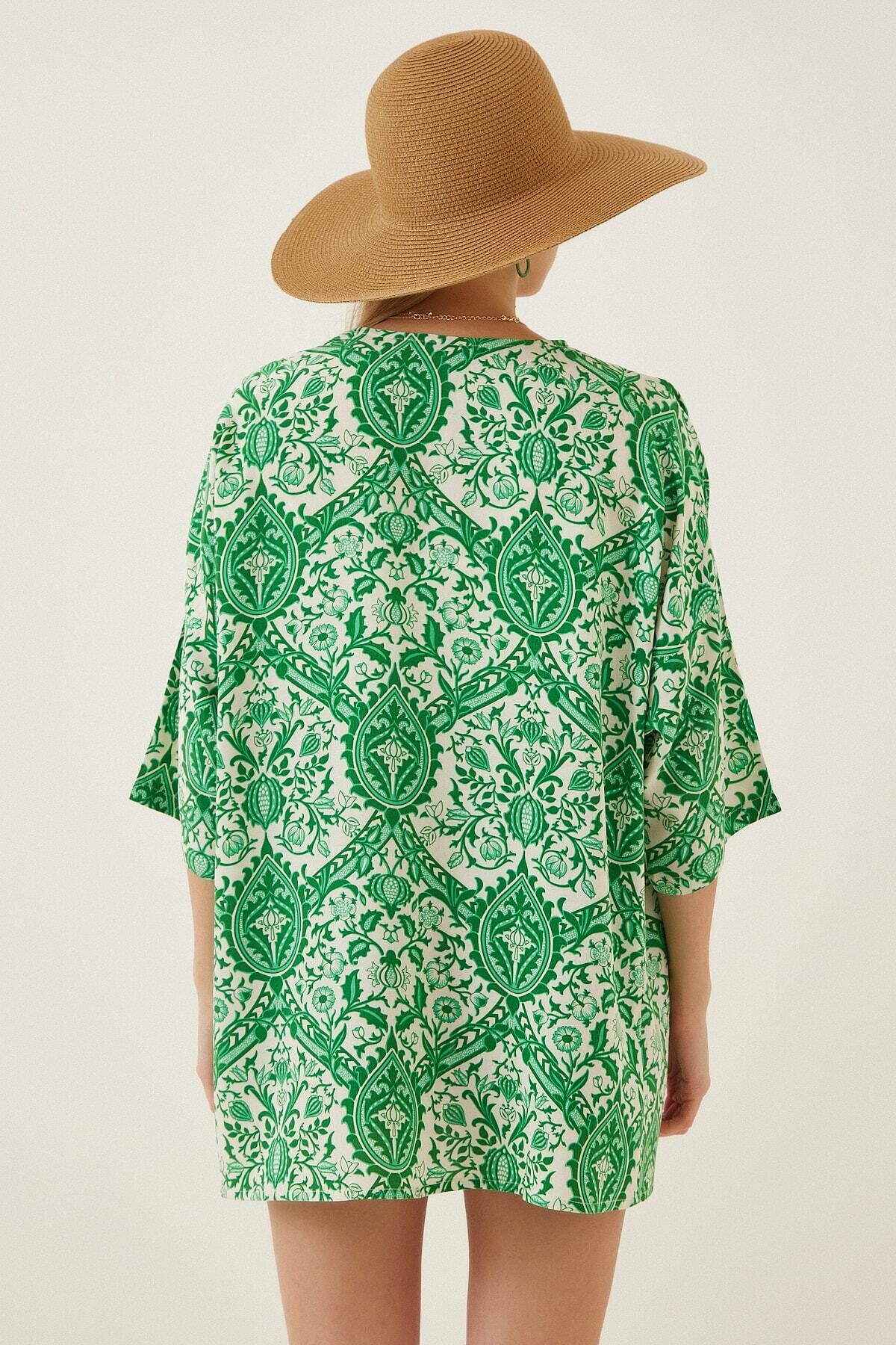 Kadın Yeşil  Baskılı Düşük Kol Viskon Kimono HZL22S-BD158631