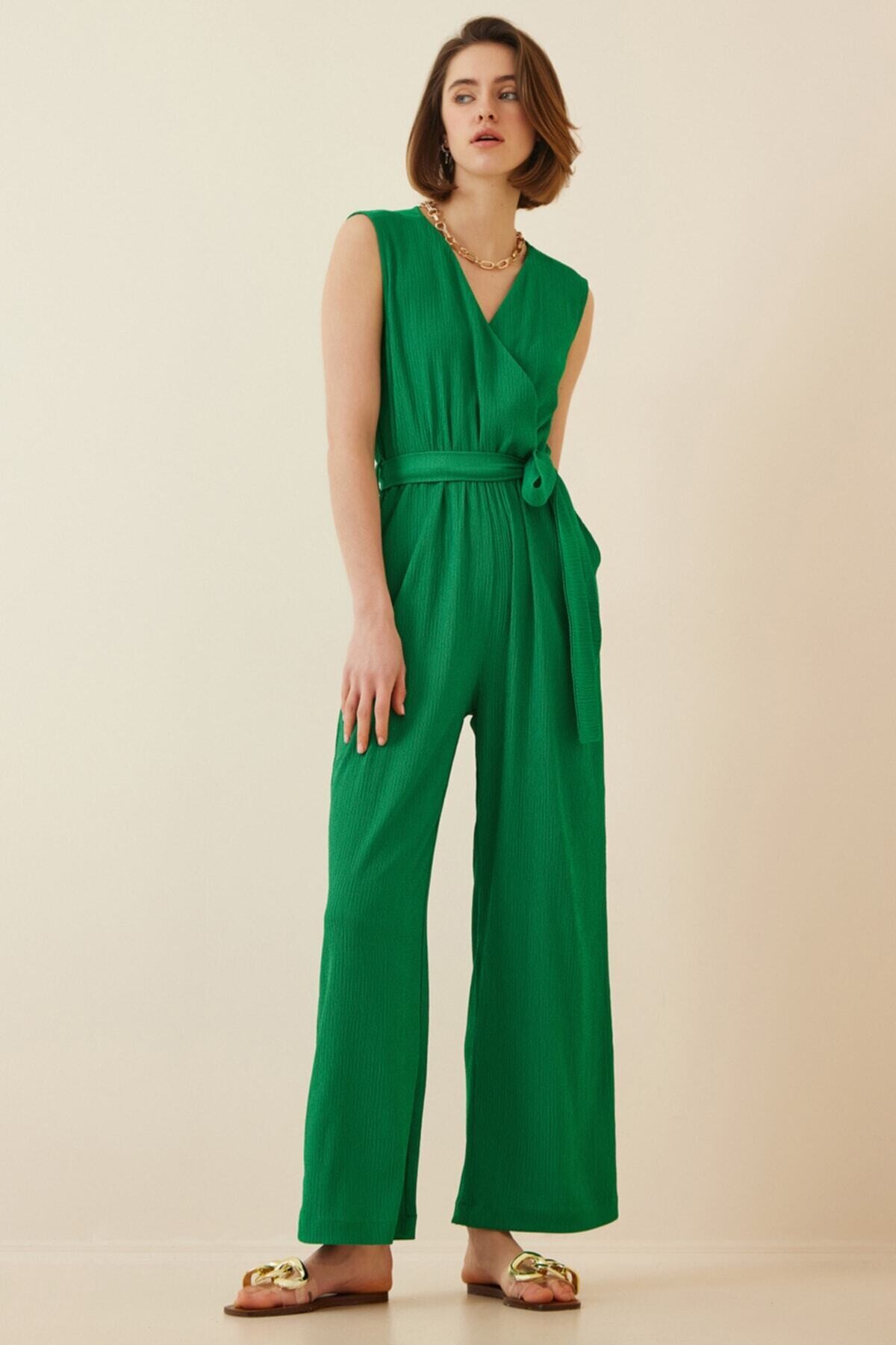 Kadın Yeşil Beli Lastikli Derin Kruvaze V Yaka Kemerli Örme Tulum HZL22S-BD170211