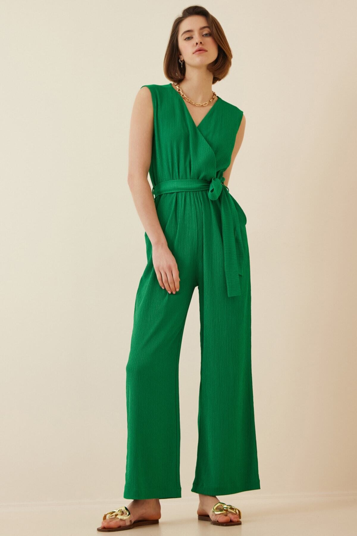 Kadın Yeşil Beli Lastikli Derin Kruvaze V Yaka Kemerli Örme Tulum HZL22S-BD170211