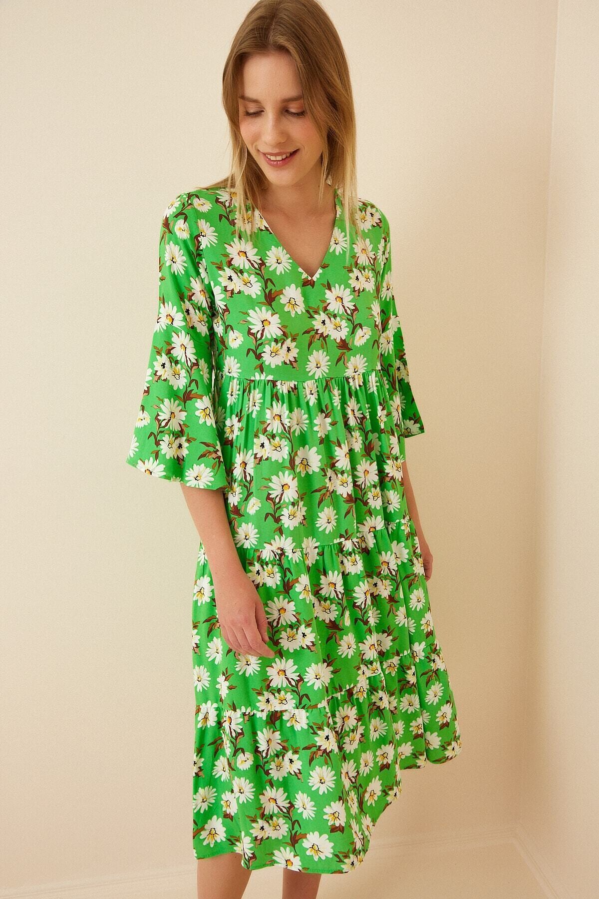 Kadın Yeşil Beyaz Çiçekli İspanyol Kol Uzun Viskon Elbise HZL22S-BD119591