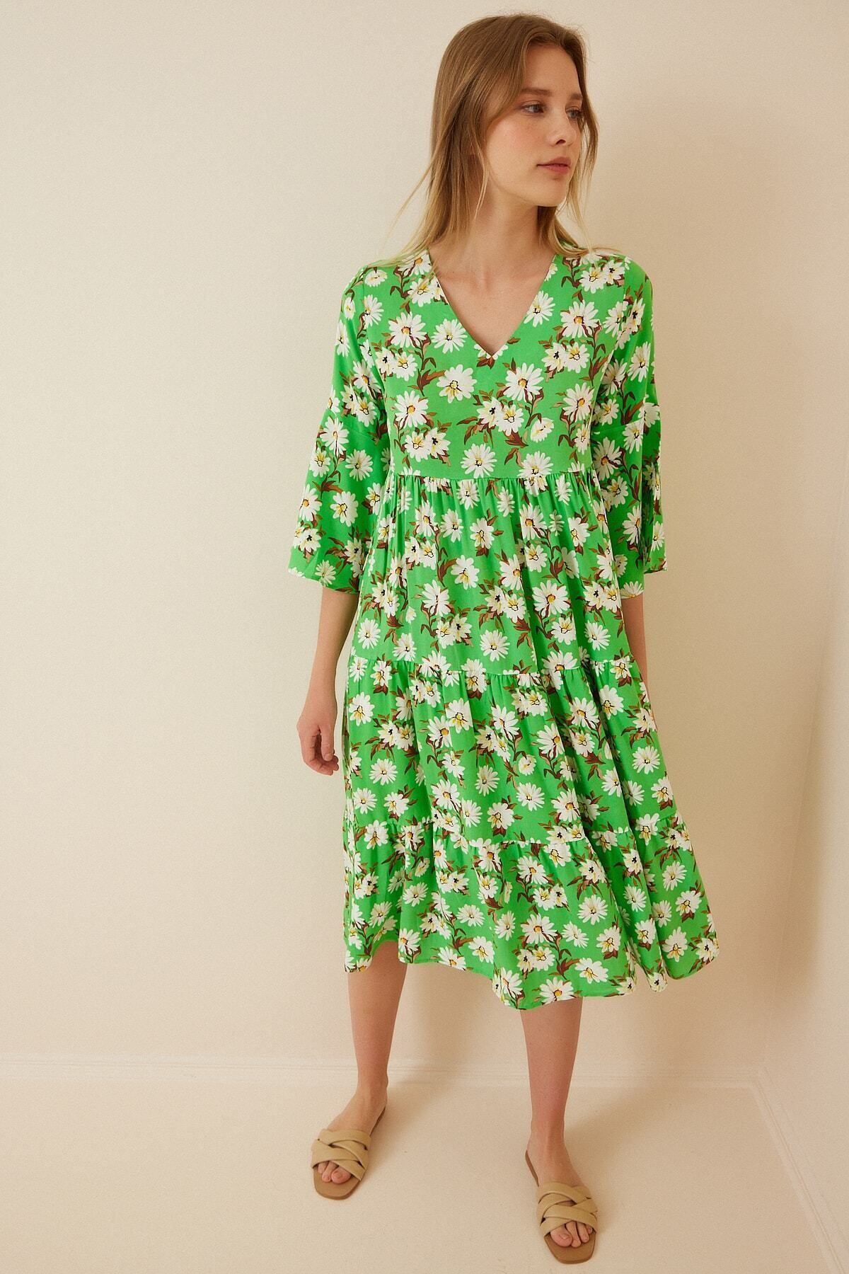 Kadın Yeşil Beyaz Çiçekli İspanyol Kol Uzun Viskon Elbise HZL22S-BD119591