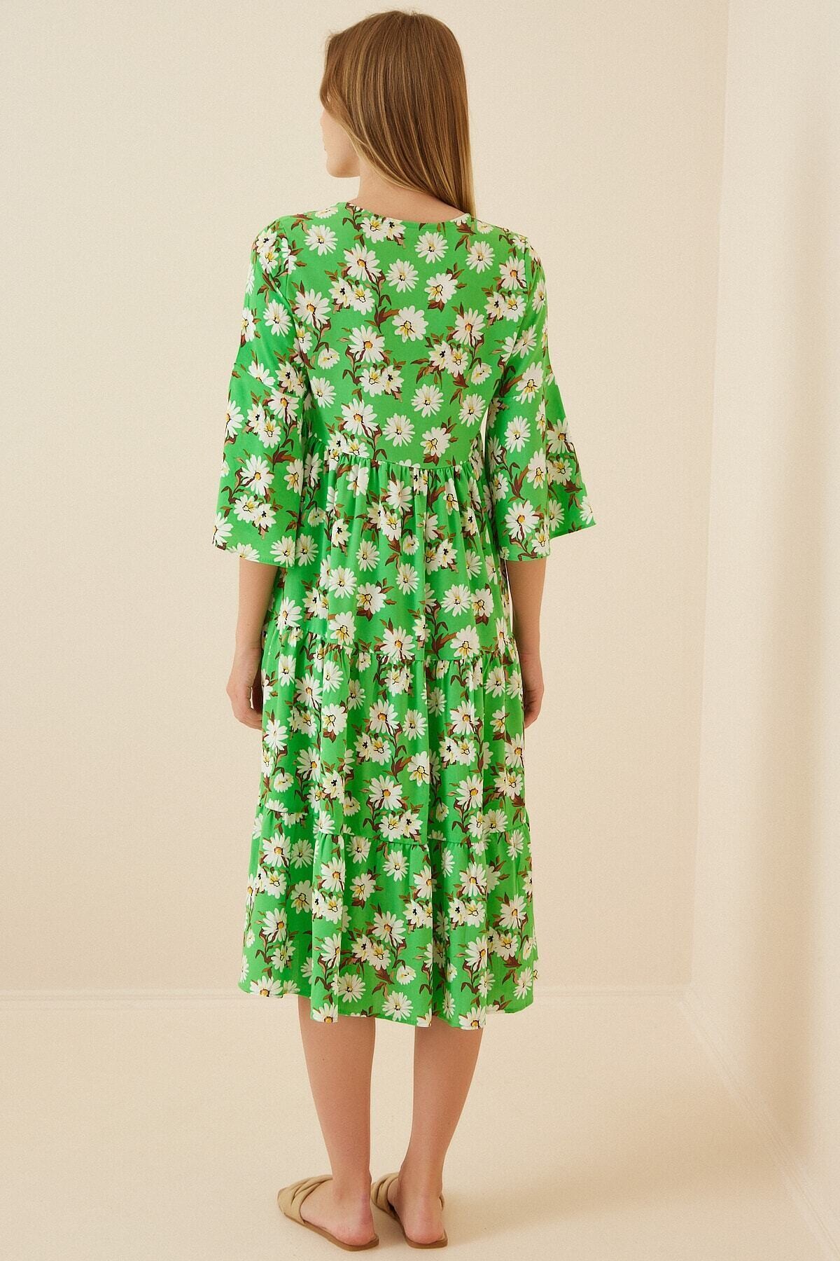 Kadın Yeşil Beyaz Çiçekli İspanyol Kol Uzun Viskon Elbise HZL22S-BD119591