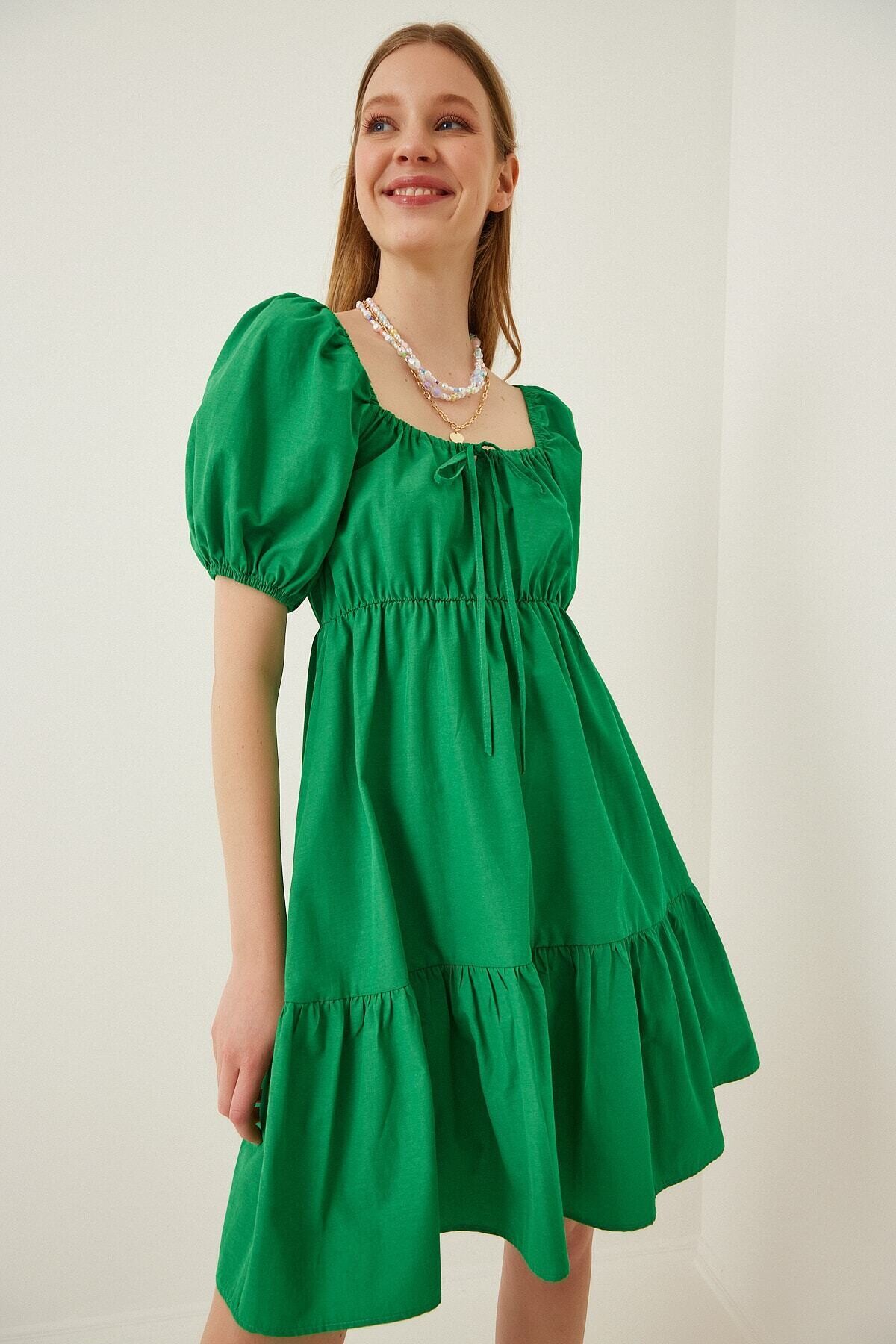 Kadın Yeşil Büzgülü Yaka Lastikli Bel Kloş Poplin Elbise HZL22S-BD123511