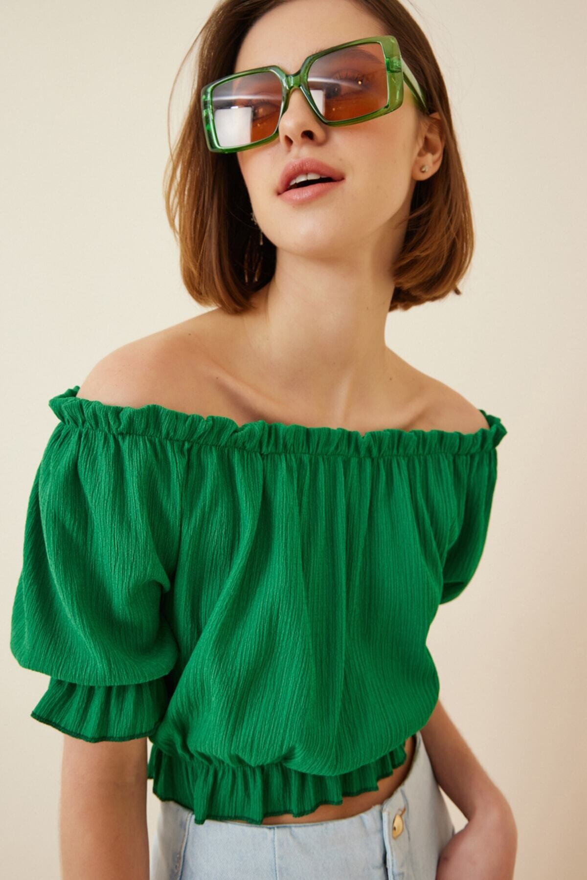 Kadın Yeşil Carmen Yaka Bel-Yaka Büzgülü Crop Bluz HZL22S-BD104281