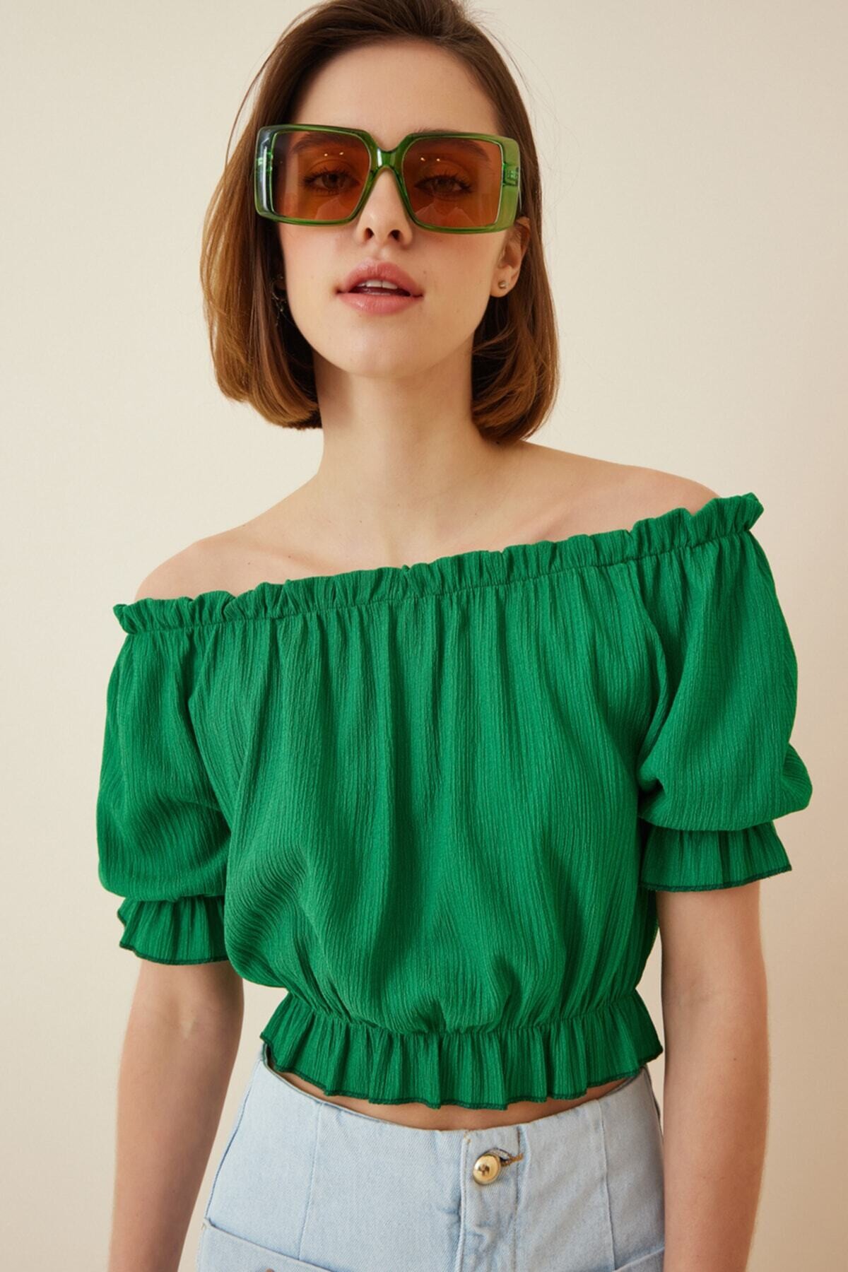 Kadın Yeşil Carmen Yaka Bel-Yaka Büzgülü Crop Bluz HZL22S-BD104281