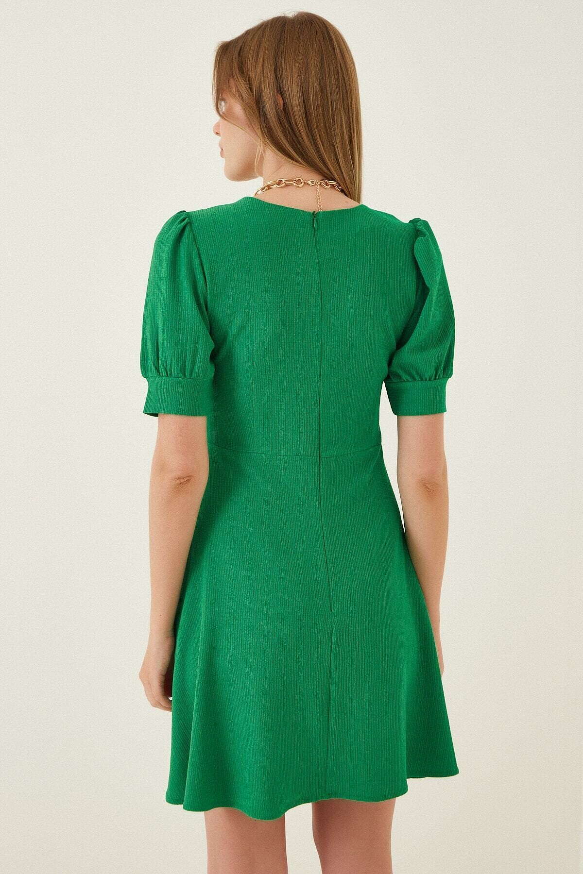 Kadın Yeşil Kare Yaka Kloş Yazlık Elbise HZL22S-BD123391