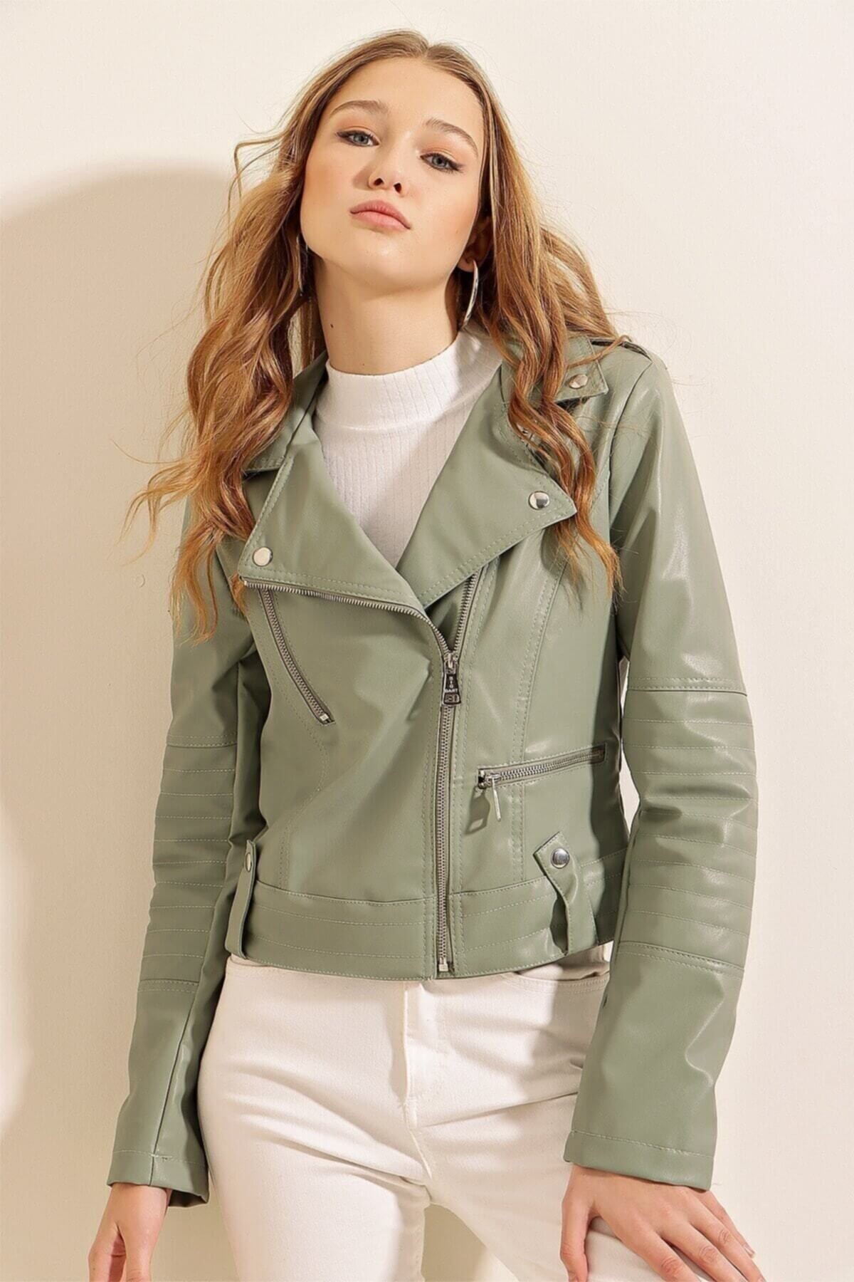 Kadın Yeşil Kısa Suni Deri Astarlı Biker Ceket HZL22W-BD110251