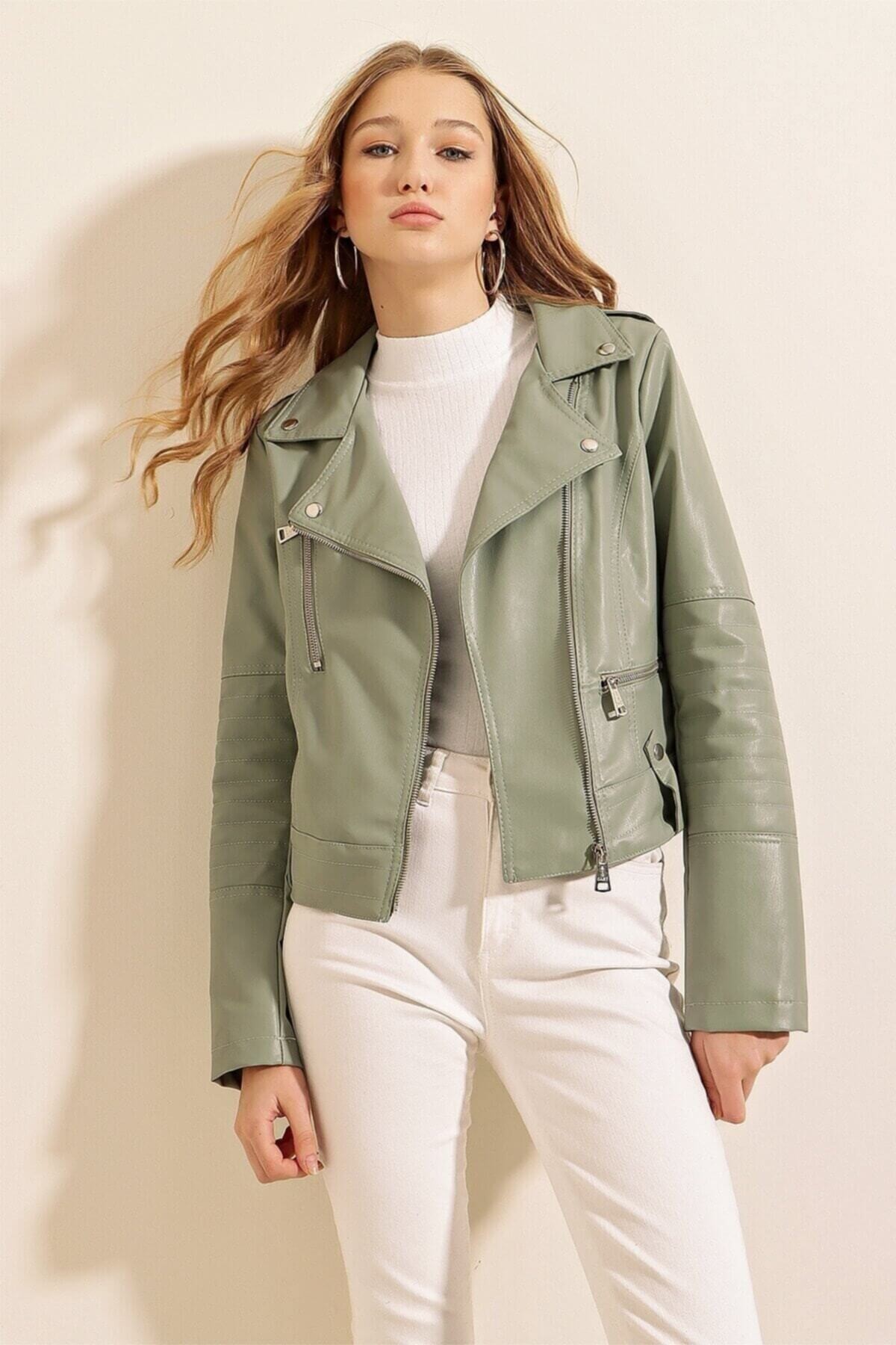 Kadın Yeşil Kısa Suni Deri Astarlı Biker Ceket HZL22W-BD110251