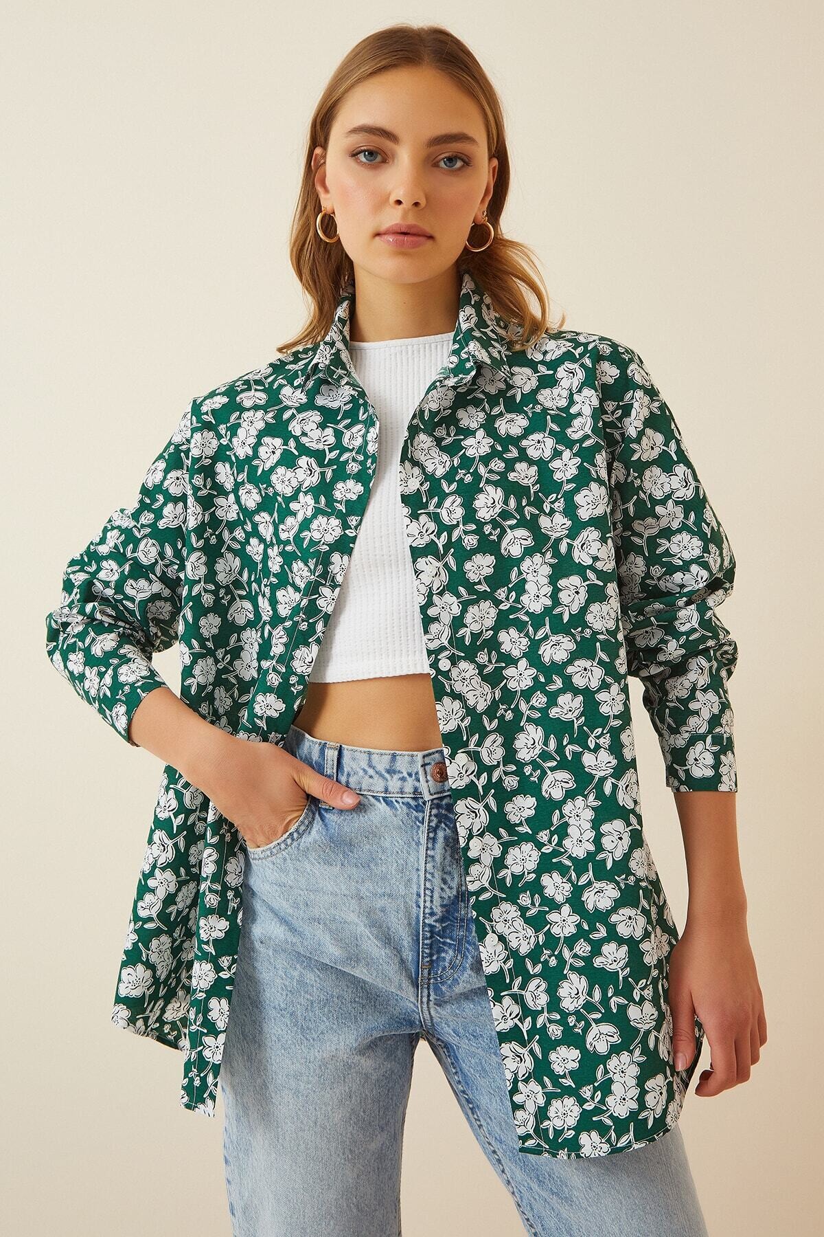 Kadın Yeşil Oversize Uzun Basic Gömlek HZL22S-BD1201001