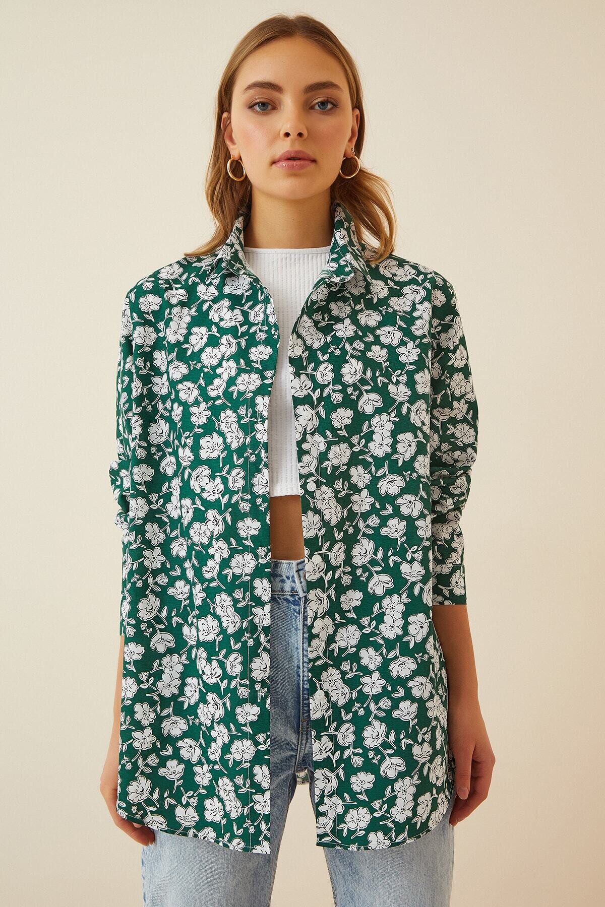 Kadın Yeşil Oversize Uzun Basic Gömlek HZL22S-BD1201001