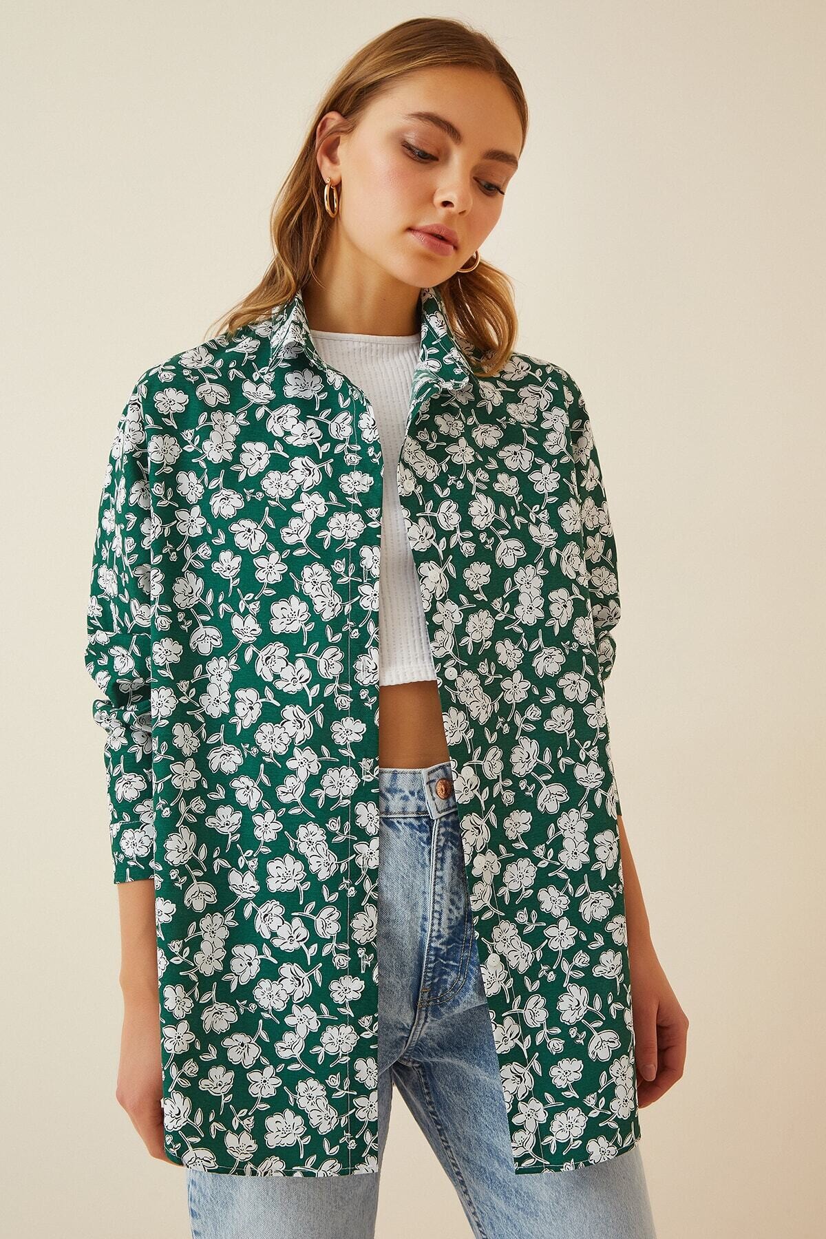 Kadın Yeşil Oversize Uzun Basic Gömlek HZL22S-BD1201001