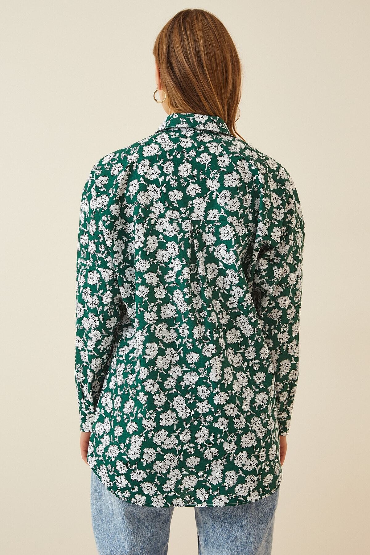 Kadın Yeşil Oversize Uzun Basic Gömlek HZL22S-BD1201001