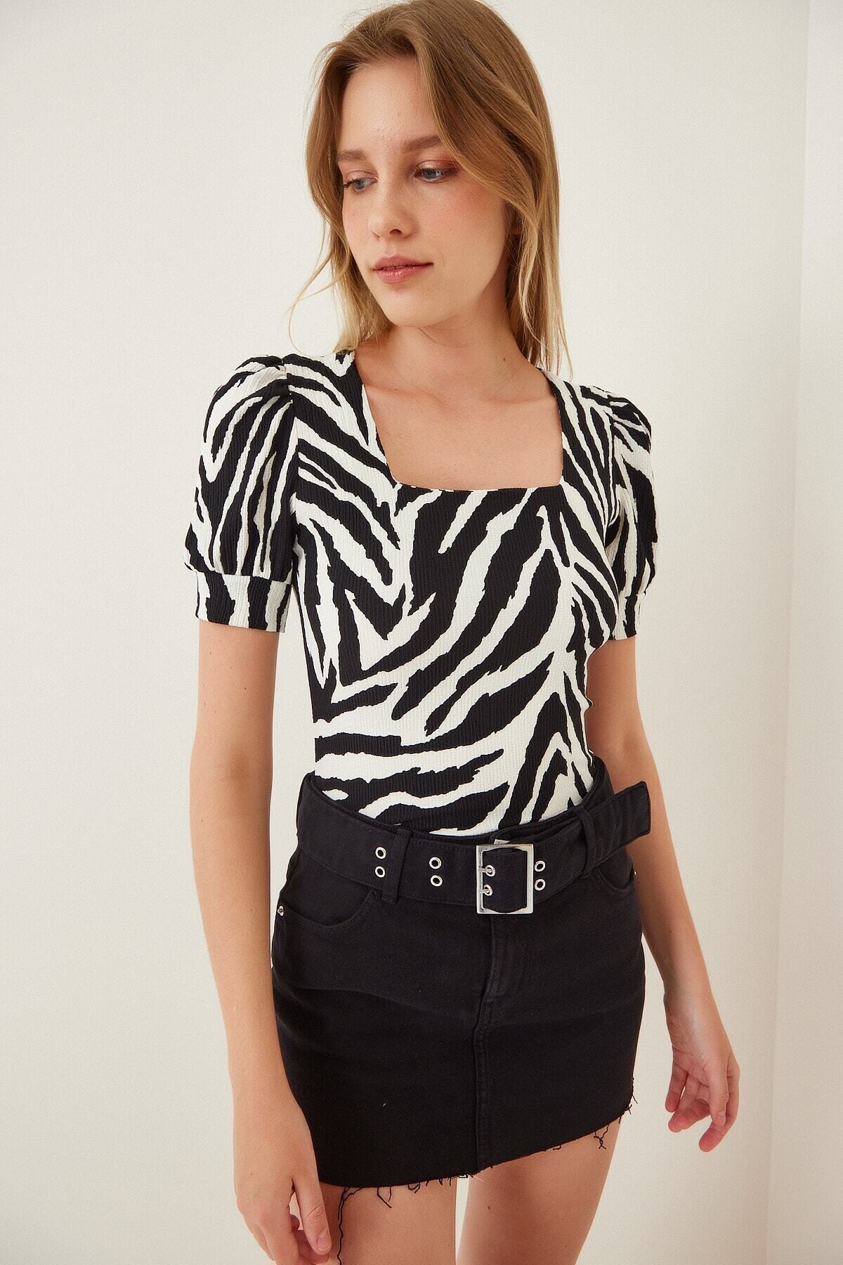 Kadın Zebra Kare Yaka Örme Bluz HZL22W-BD104091