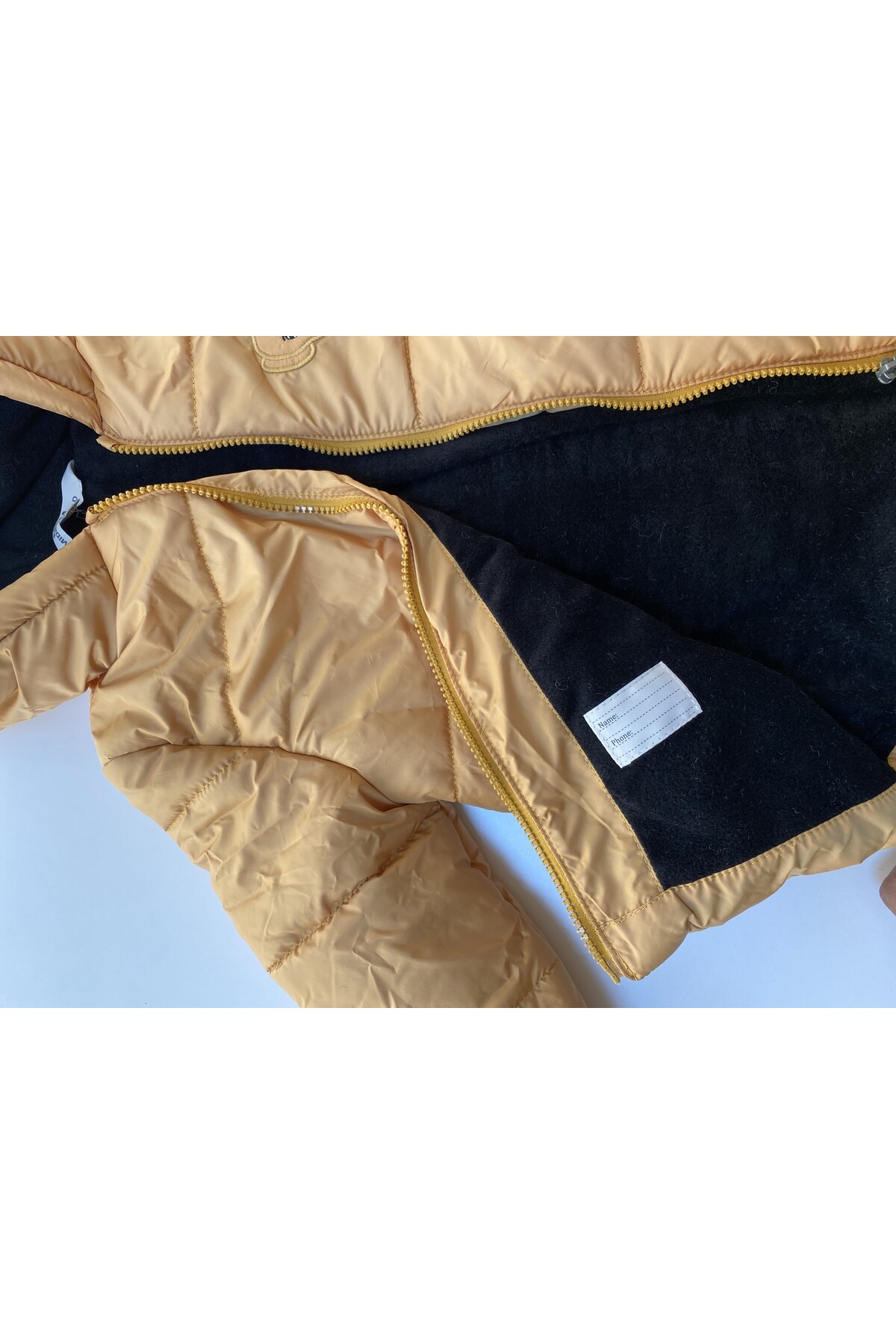 Çocuk Kaban 1-5 Yaş Kışlık Şişme Astarlı Kapüşonlu Arkasında Fil Figürlü Hardal Mont HZL22W-M21316