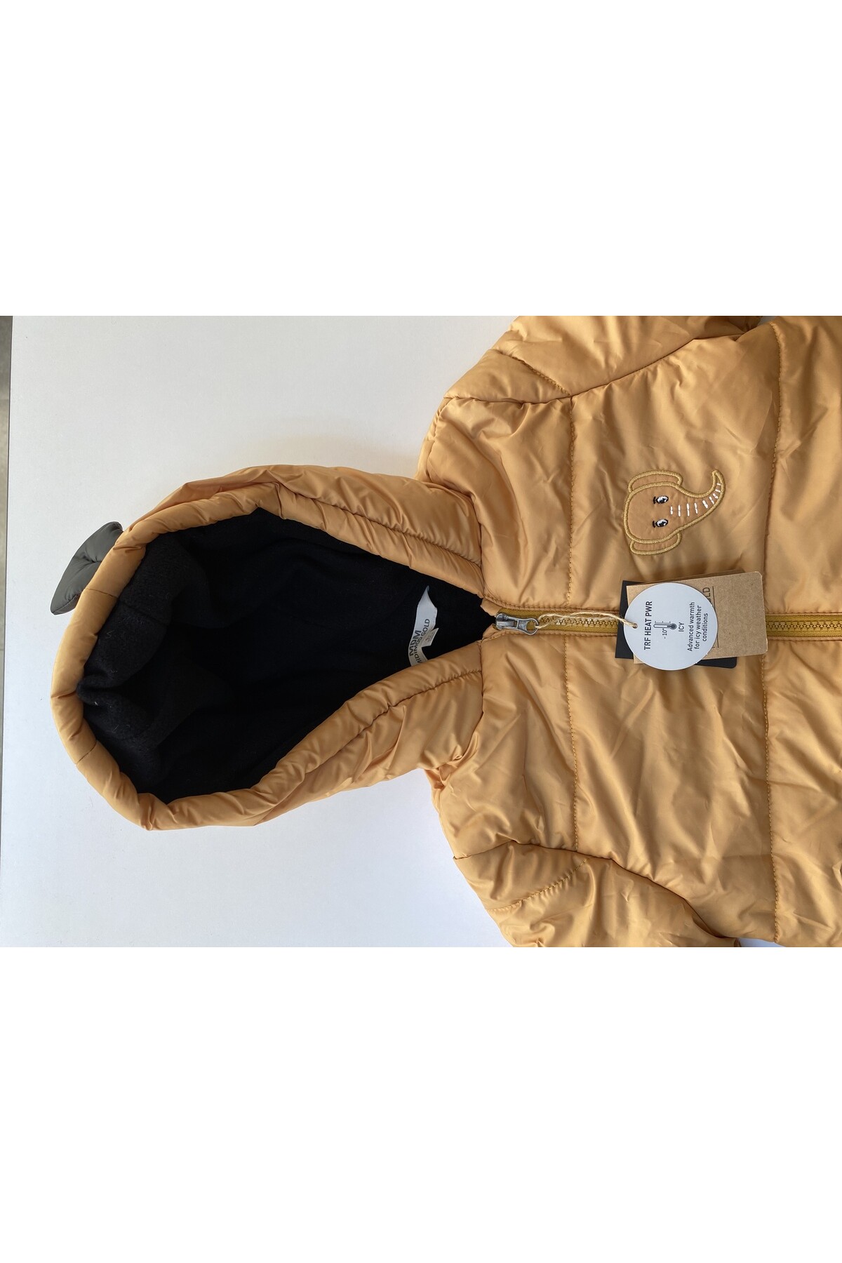 Çocuk Kaban 1-5 Yaş Kışlık Şişme Astarlı Kapüşonlu Arkasında Fil Figürlü Hardal Mont HZL22W-M21316