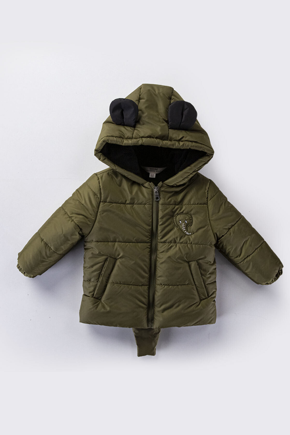 Çocuk Kaban 1-5 Yaş Kışlık Şişme Astarlı Kapüşonlu Arkasında Fil Figürlü Haki Mont HZL22W-M21316
