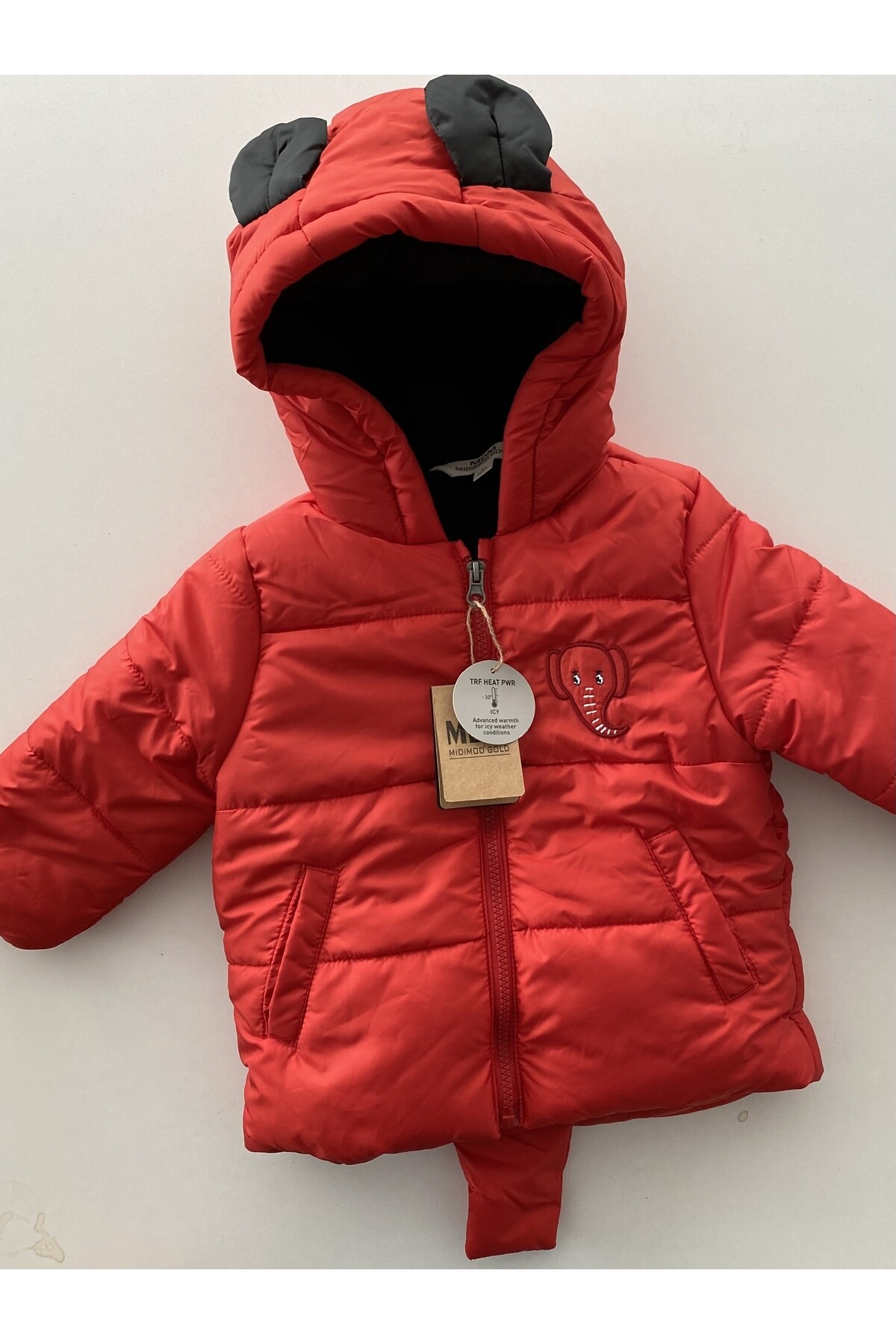 Çocuk Kaban 1-5 Yaş Kışlık Şişme Astarlı Kapüşonlu Arkasında Fil Figürlü Kırmızı Mont HZL22W-M21316
