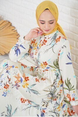 Desenli Hakim Yaka Elbise HZL22W-BD121441