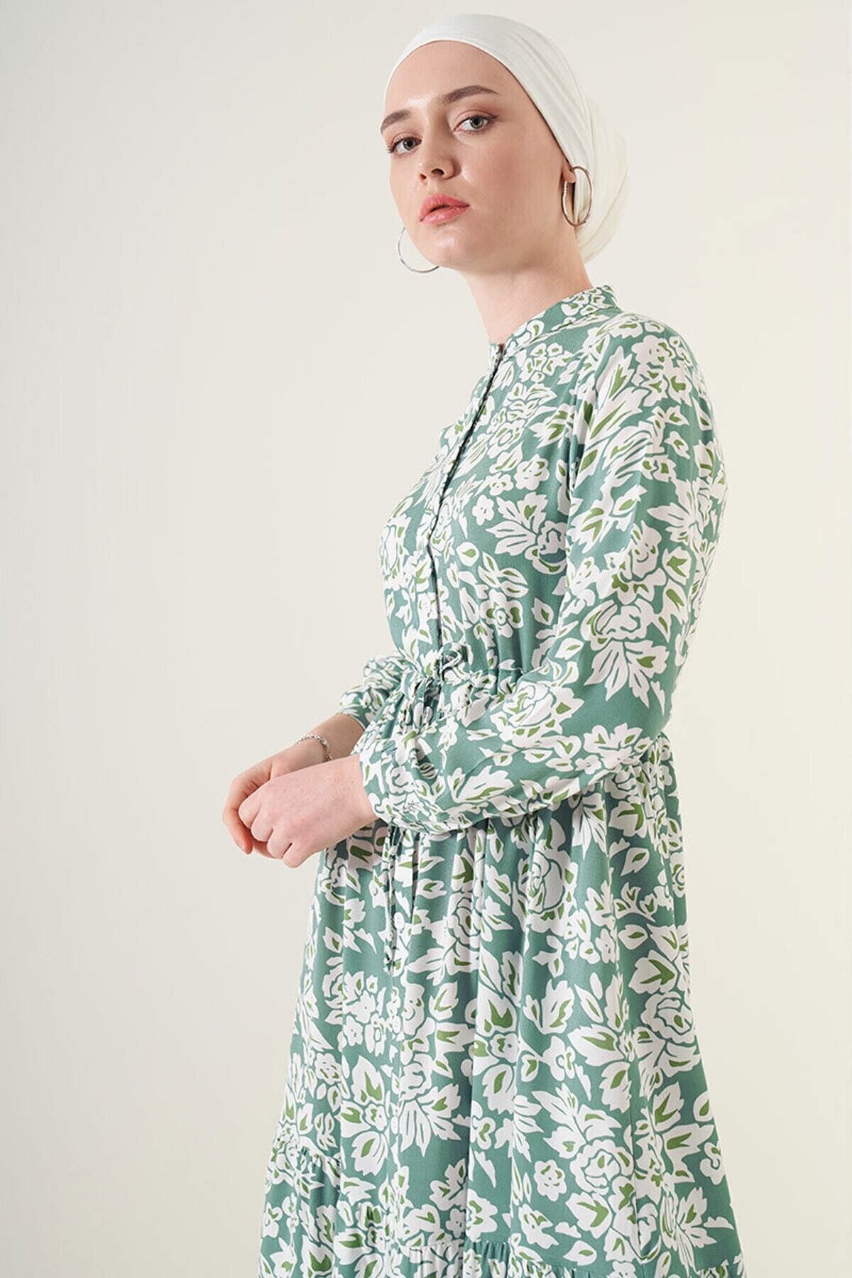 Desenli Hakim Yaka Elbise HZL22W-BD121441